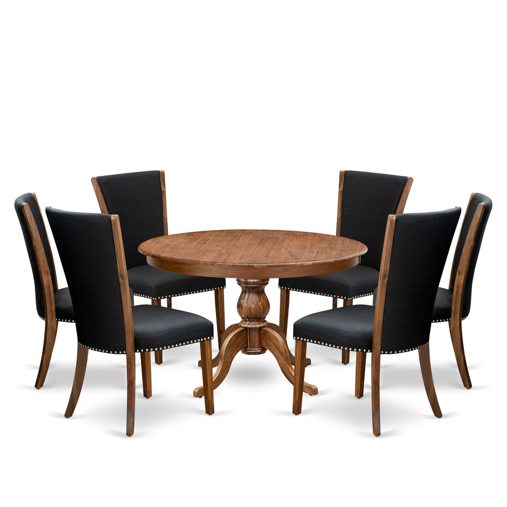 Luxe by East West Furniture F6VE7-40N-24 7 Piece Dining Table Set for 6 Contains a 48" Round Table with Pedestal and 6 Black Linen Fabric Parson Chairs, Antique Walnut