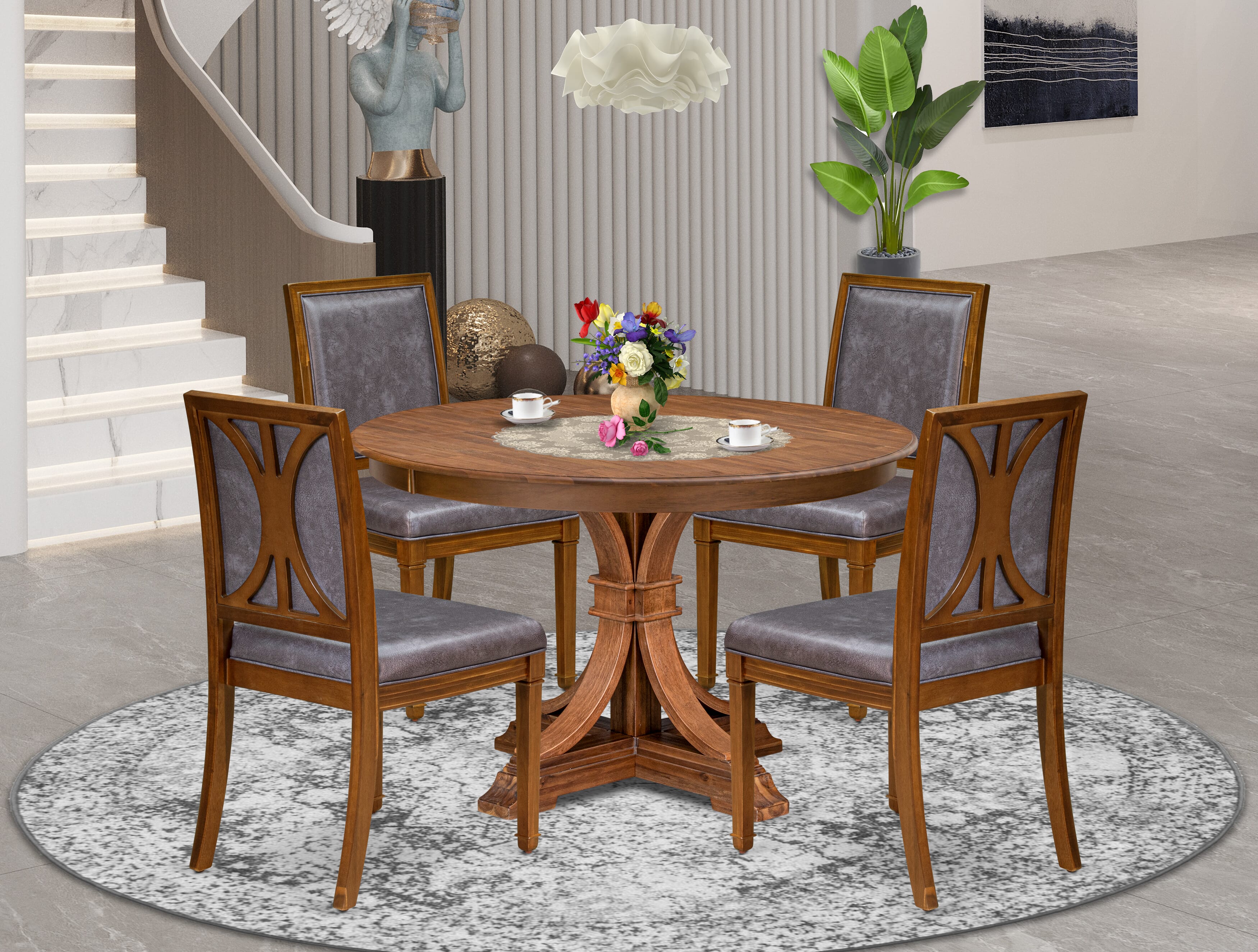 Luxe by East West Furniture F7AM5-40N-34 5-Piece Mid-century Kitchen Set Consists of a round table top with a stylish pedestal & 4 Pu leather Dark Gray dining chairs with high backs - Antique Walnut