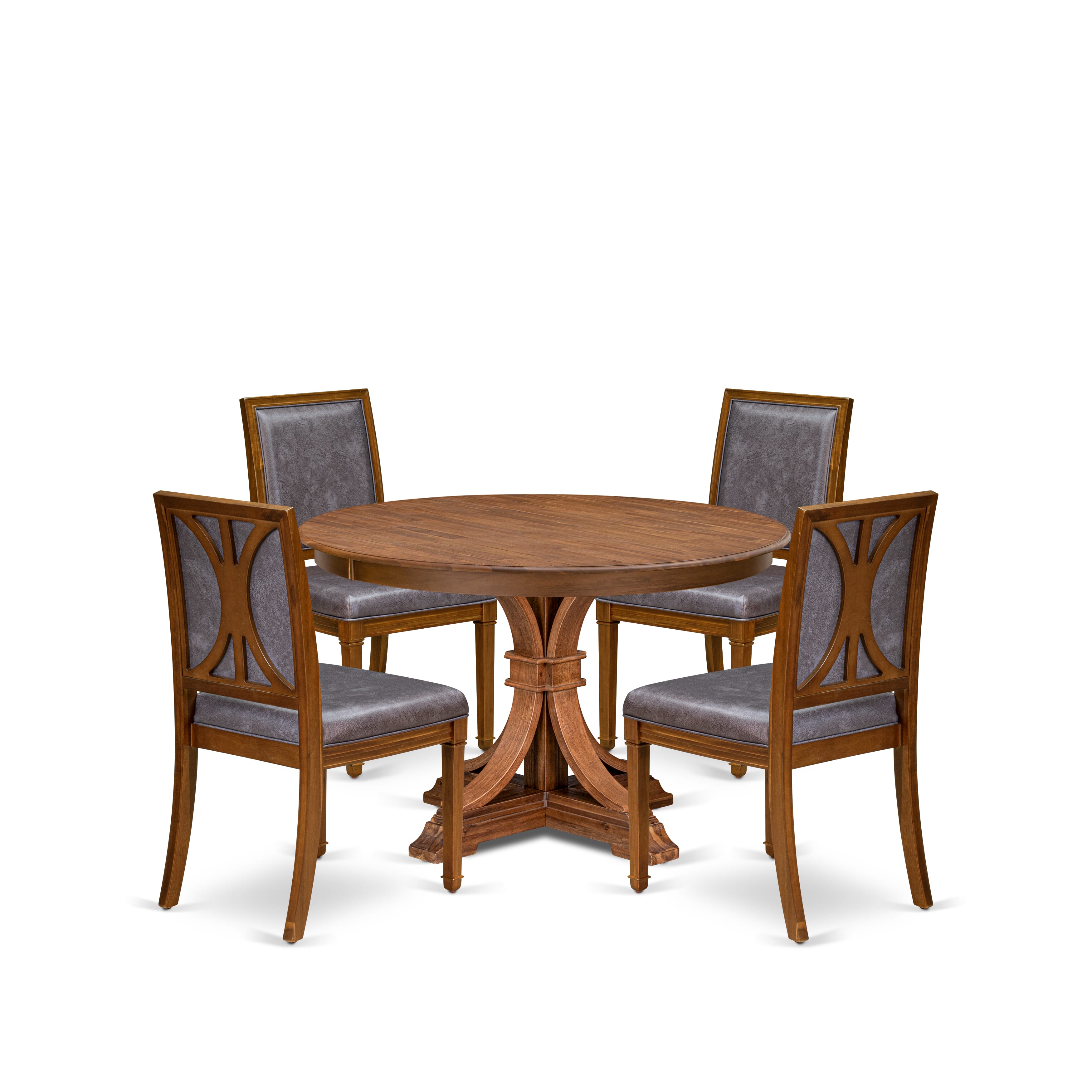 Luxe by East West Furniture F7AM5-40N-34 5-Piece Mid-century Kitchen Set Consists of a round table top with a stylish pedestal & 4 Pu leather Dark Gray dining chairs with high backs - Antique Walnut