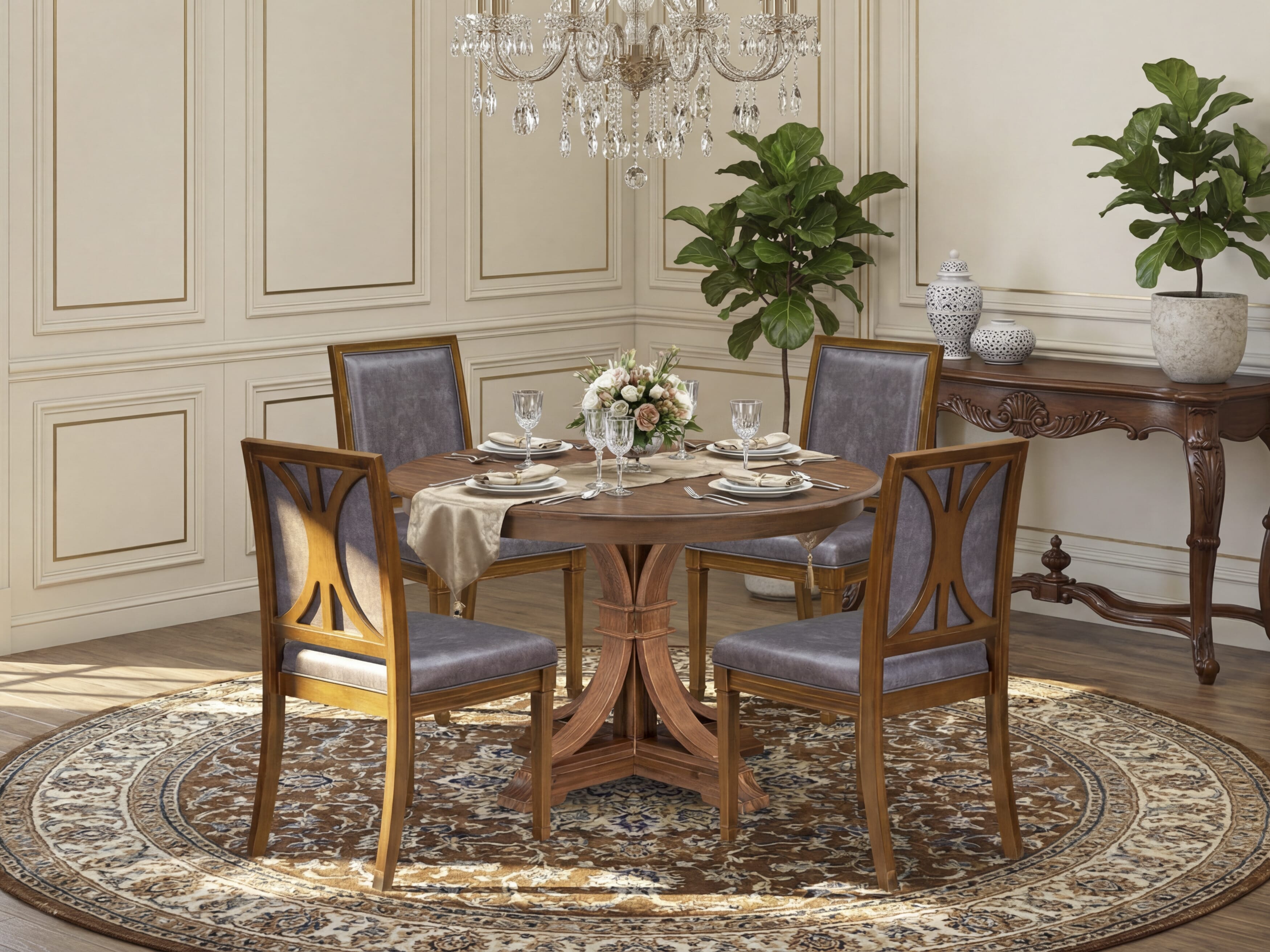 Luxe by East West Furniture F7AM5-40N-34 5-Piece Mid-century Kitchen Set Consists of a round table top with a stylish pedestal & 4 Pu leather Dark Gray dining chairs with high backs - Antique Walnut
