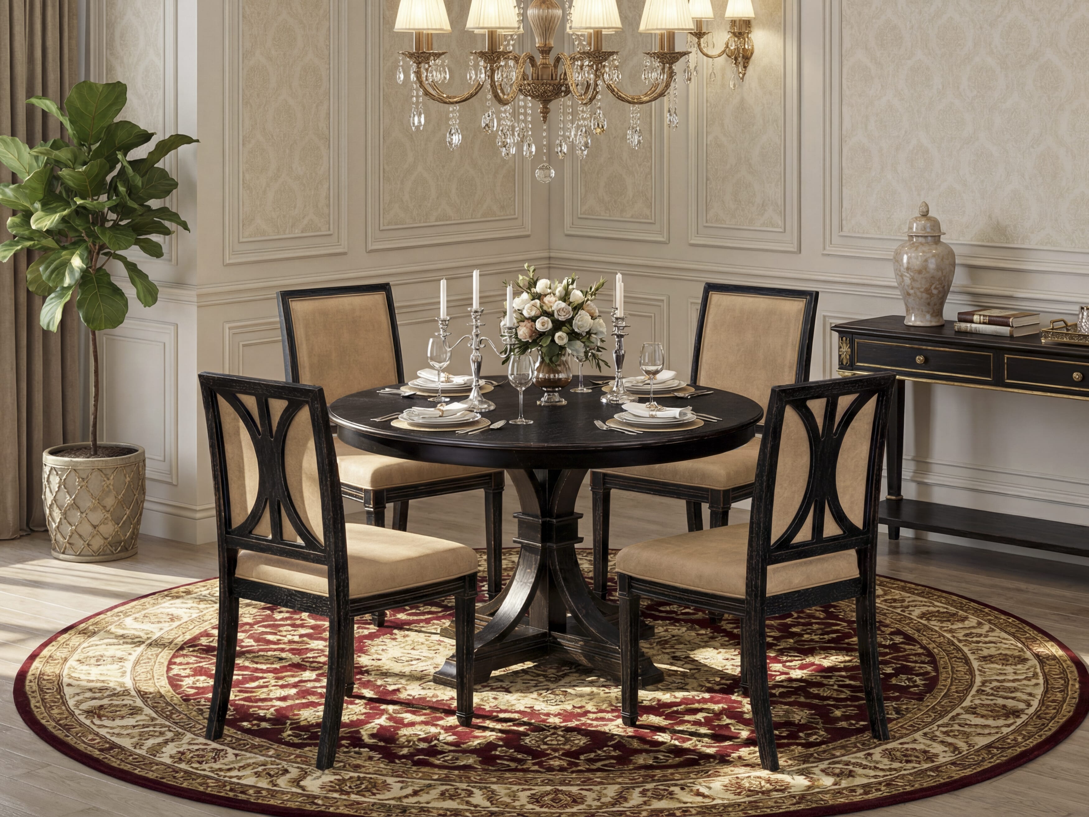 Luxe by East West Furniture - F7AM5-411-28 - 5-piece Modern Dining Table Set consists of a Dining Table and 4 Beige Polyester Fabric Modern Dining Chair with High Back - Sand Blasting Black Finish