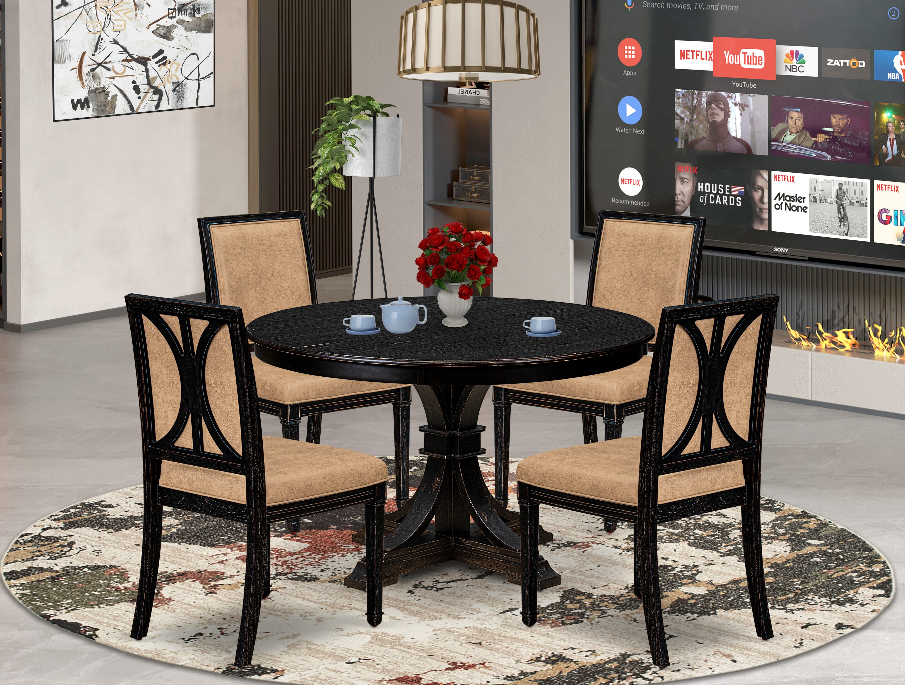 Luxe by East West Furniture - F7AM5-411-28 - 5-piece Modern Dining Table Set consists of a Dining Table and 4 Beige Polyester Fabric Modern Dining Chair with High Back - Sand Blasting Black Finish