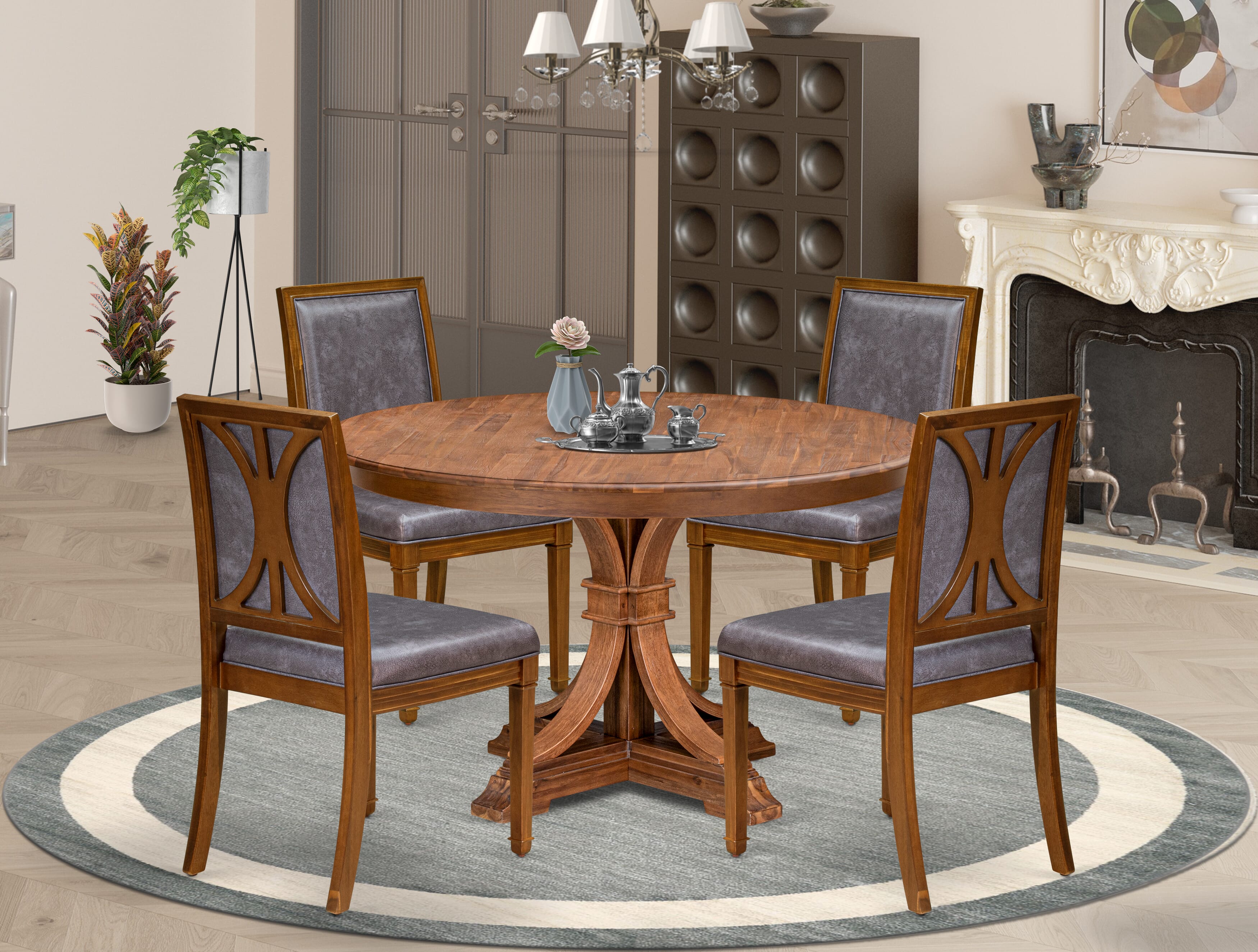 Luxe by East West Furniture - F7AM5-50N-34 - 5-piece Modern Dining Table Set consists of a Dining Table and 4 Dark Grey Polyester Fabric Dining Chair with High Back - Antique Walnut Finish