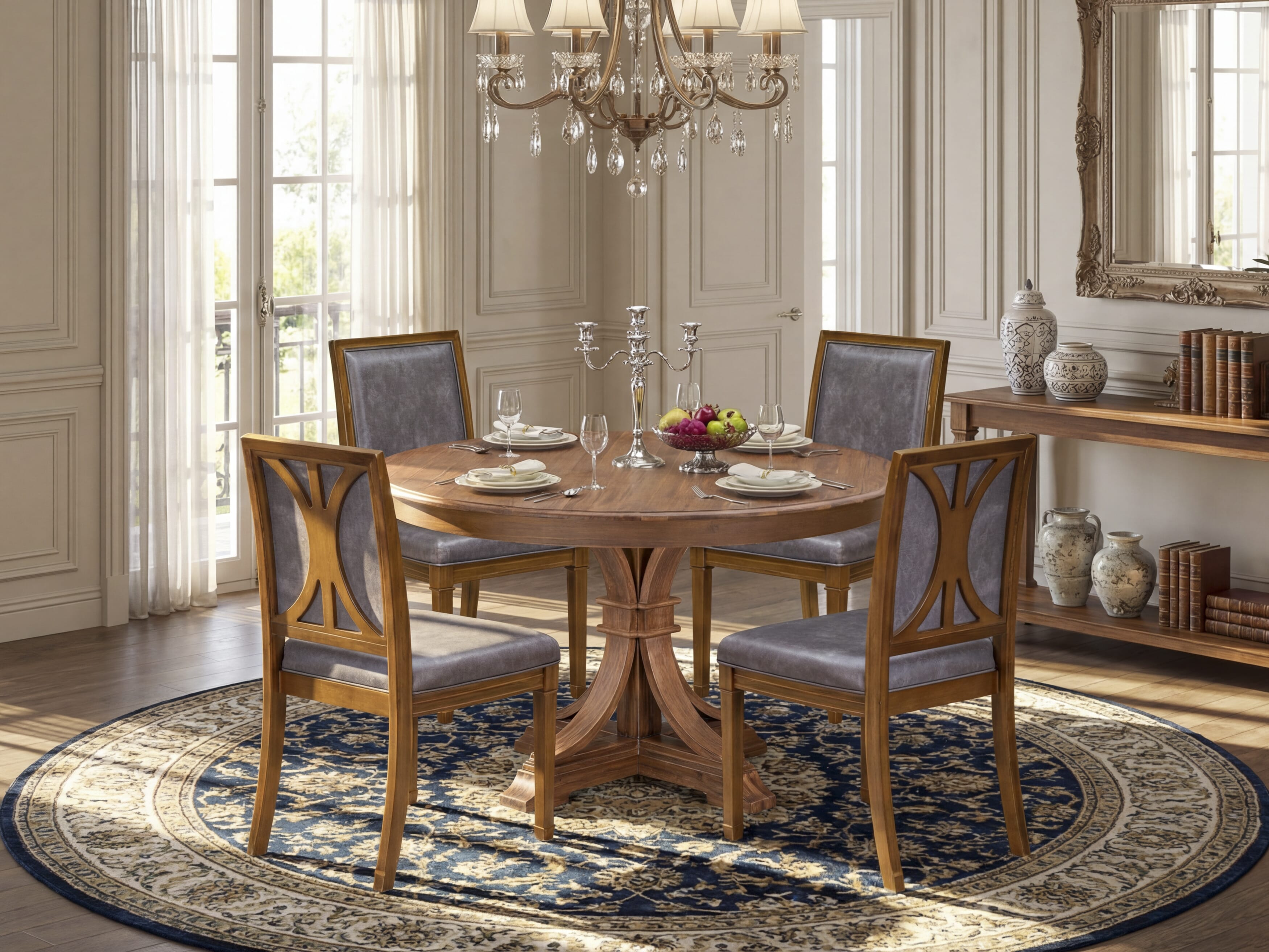Luxe by East West Furniture - F7AM5-50N-34 - 5-piece Modern Dining Table Set consists of a Dining Table and 4 Dark Grey Polyester Fabric Dining Chair with High Back - Antique Walnut Finish