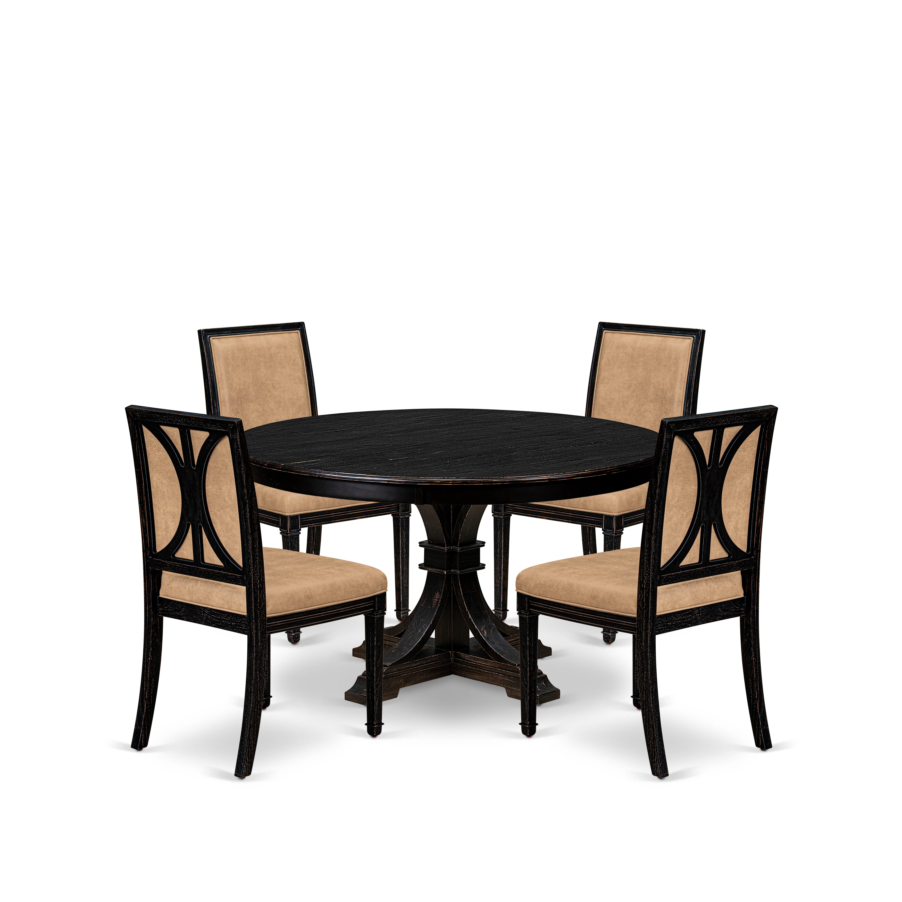 Luxe by East West Furniture - F7AM5-511-28 - 5-piece Mid Century Dining Set consists of a Dining Table and 4 Beige Polyester Fabric Upholstered Dining Chairs with High Back - Sand Blasting Black