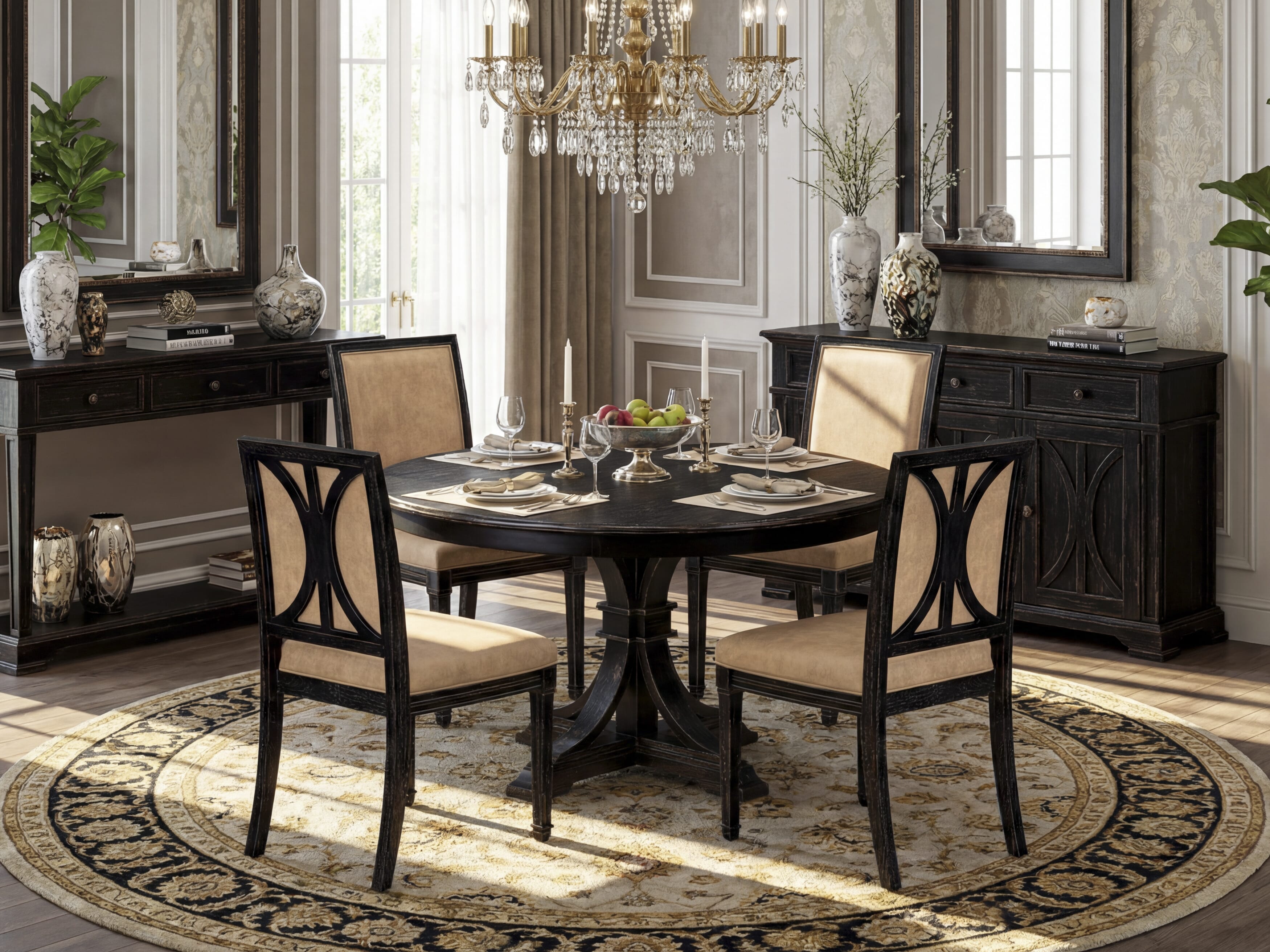 Luxe by East West Furniture - F7AM5-511-28 - 5-piece Mid Century Dining Set consists of a Dining Table and 4 Beige Polyester Fabric Upholstered Dining Chairs with High Back - Sand Blasting Black