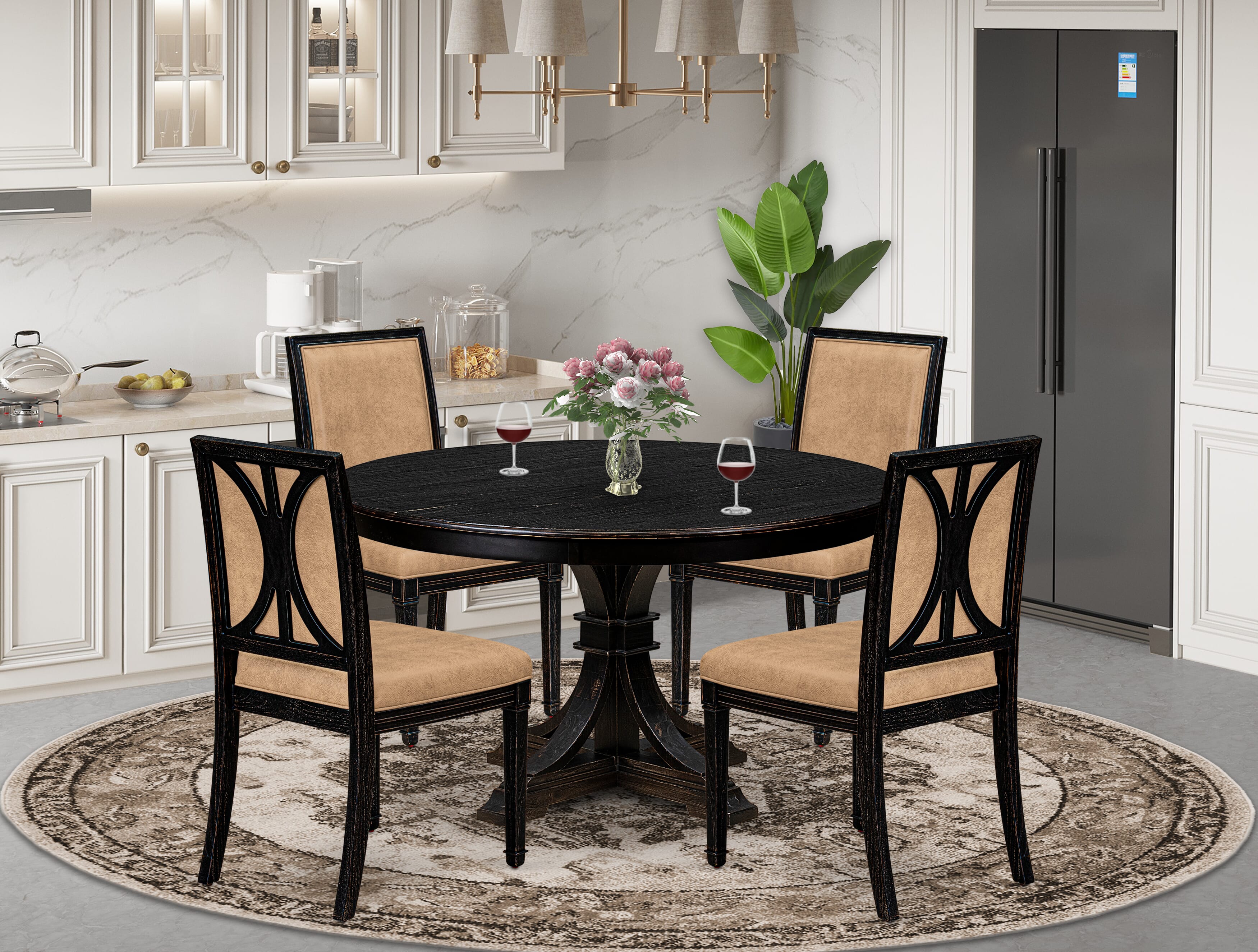 Luxe by East West Furniture - F7AM5-511-28 - 5-piece Mid Century Dining Set consists of a Dining Table and 4 Beige Polyester Fabric Upholstered Dining Chairs with High Back - Sand Blasting Black