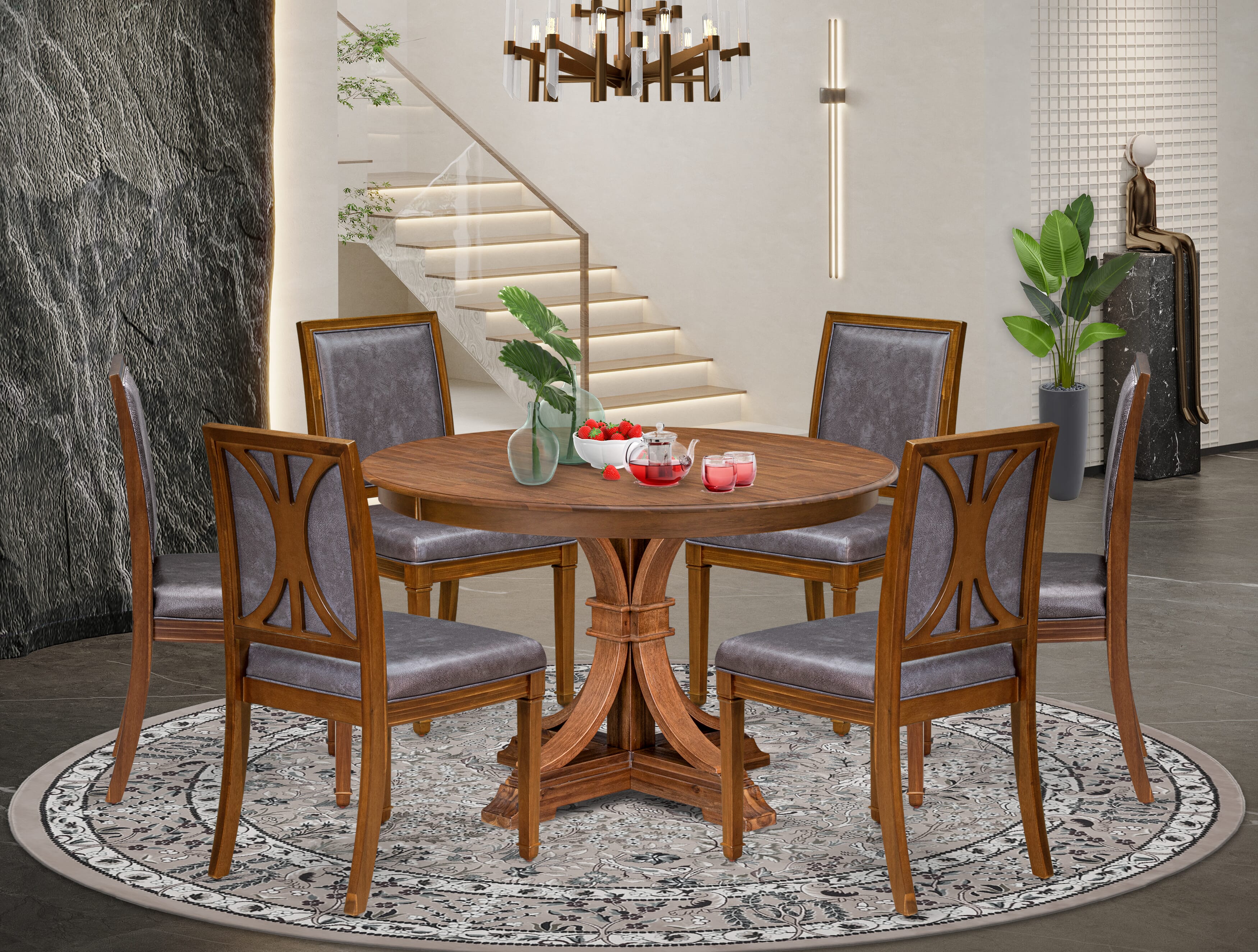 Luxe by East West Furniture - F7AM7-40N-34 7-Piece Kitchen table set Contains a Round Dining room table and 6 Dark Grey Faux Leather Chairs with stylish Back, Antique Walnut Finish.