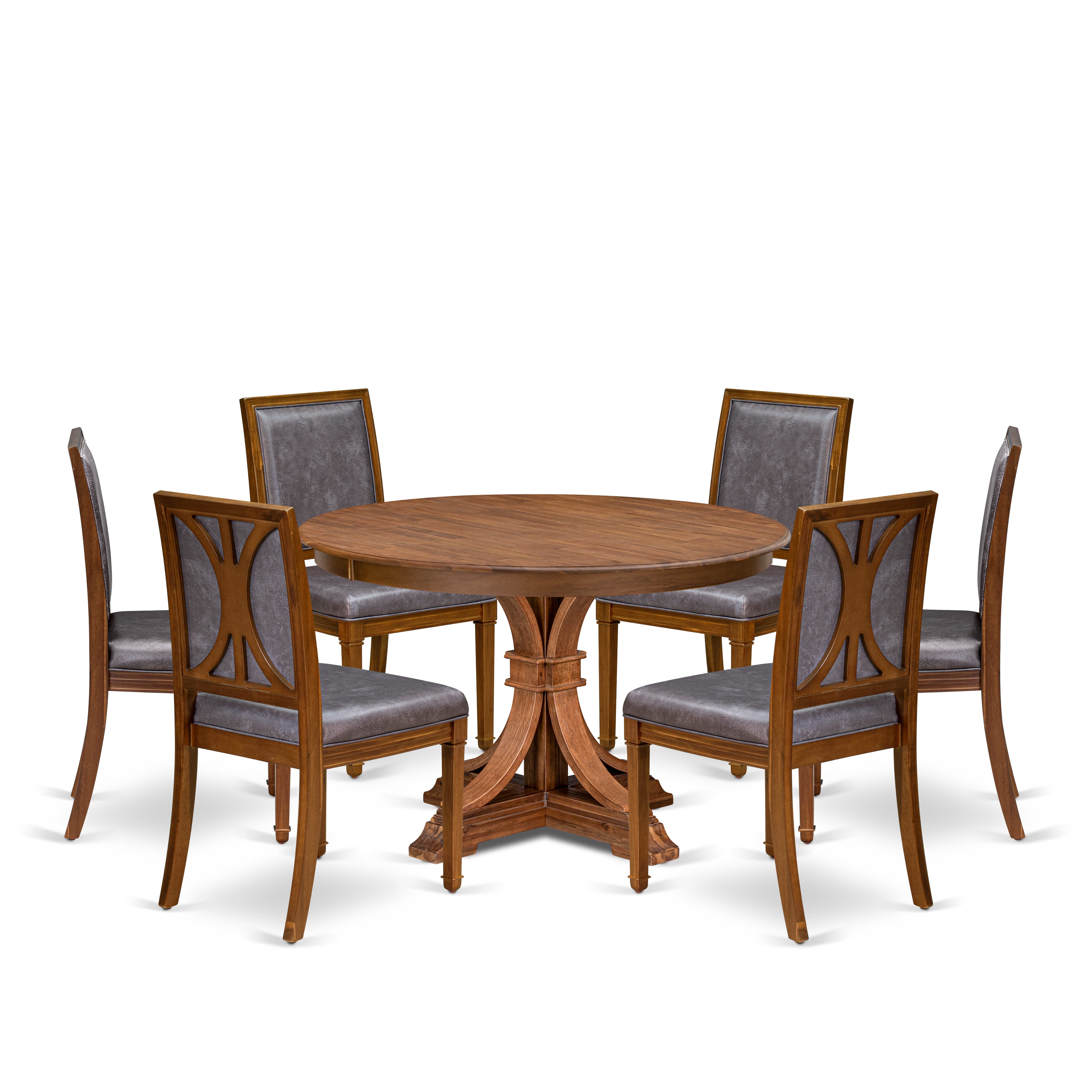 Luxe by East West Furniture - F7AM7-40N-34 7-Piece Kitchen table set Contains a Round Dining room table and 6 Dark Grey Faux Leather Chairs with stylish Back, Antique Walnut Finish.