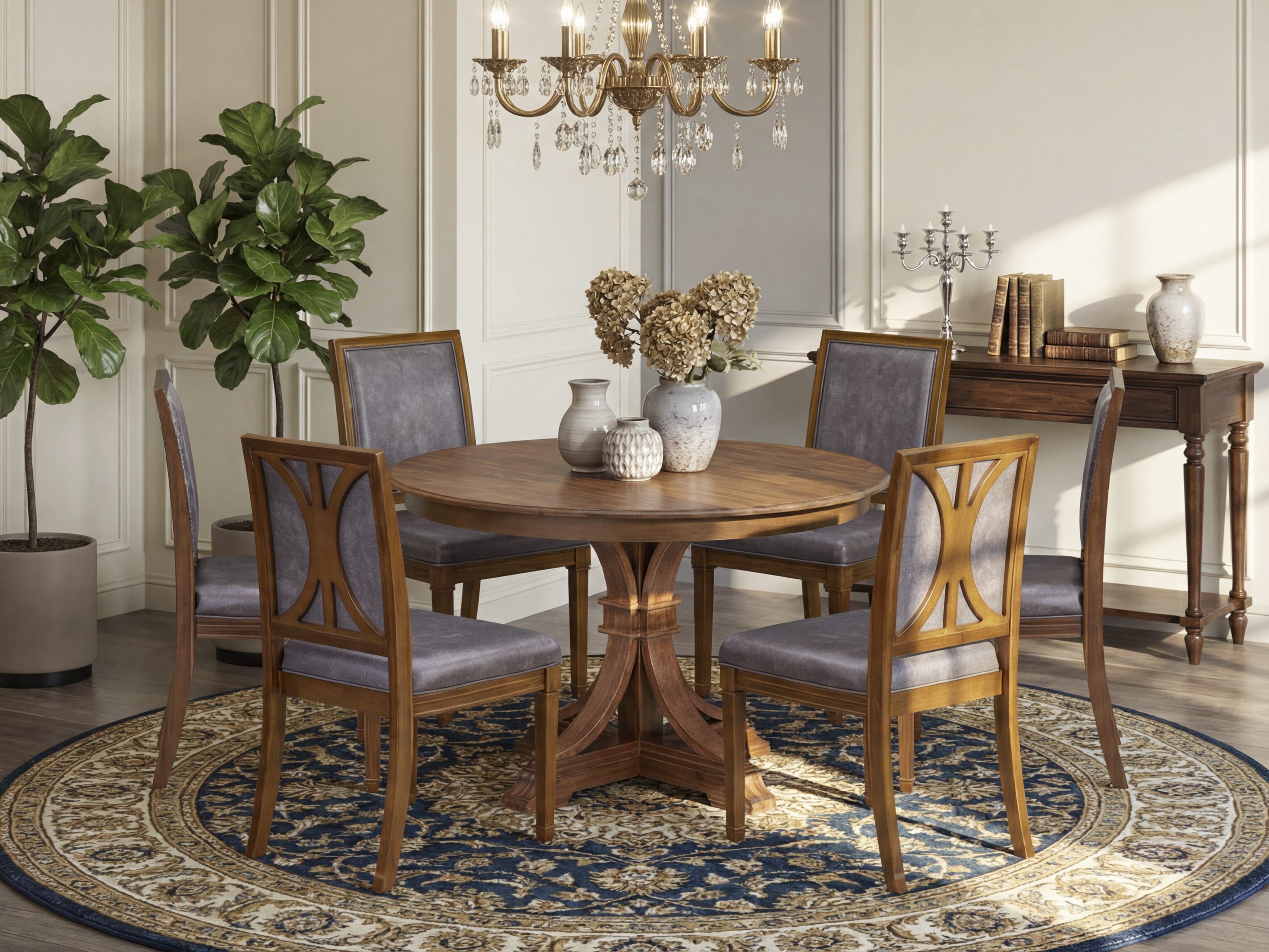 Luxe by East West Furniture - F7AM7-40N-34 7-Piece Kitchen table set Contains a Round Dining room table and 6 Dark Grey Faux Leather Chairs with stylish Back, Antique Walnut Finish.