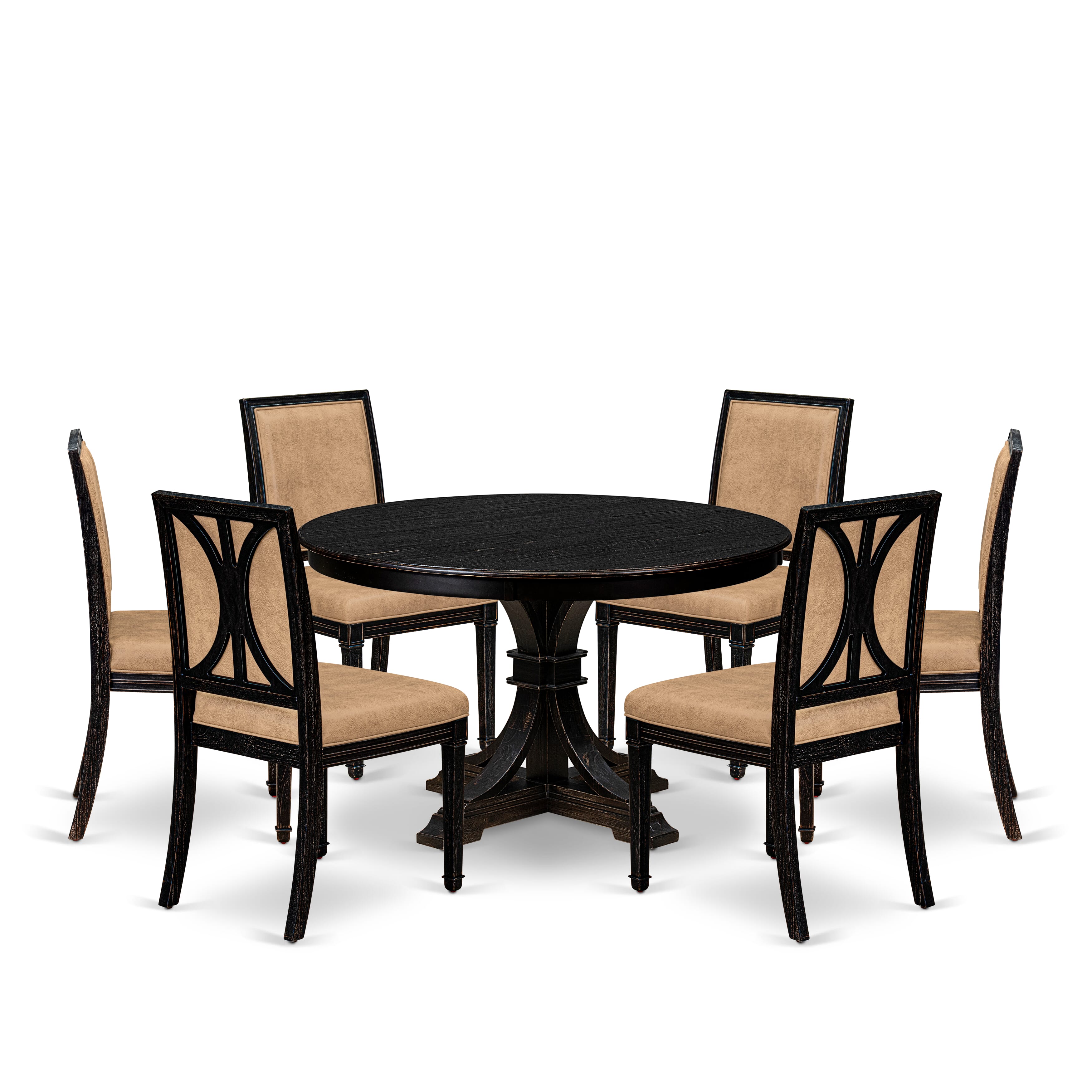 Luxe by East West Furniture - F7AM7-411-28 - 7-piece Kitchen Dining Table Set consists of a Dining Table and 6 Beige Polyester Fabric Parsons Chairs with High Back - Sand Blasting Black Finish