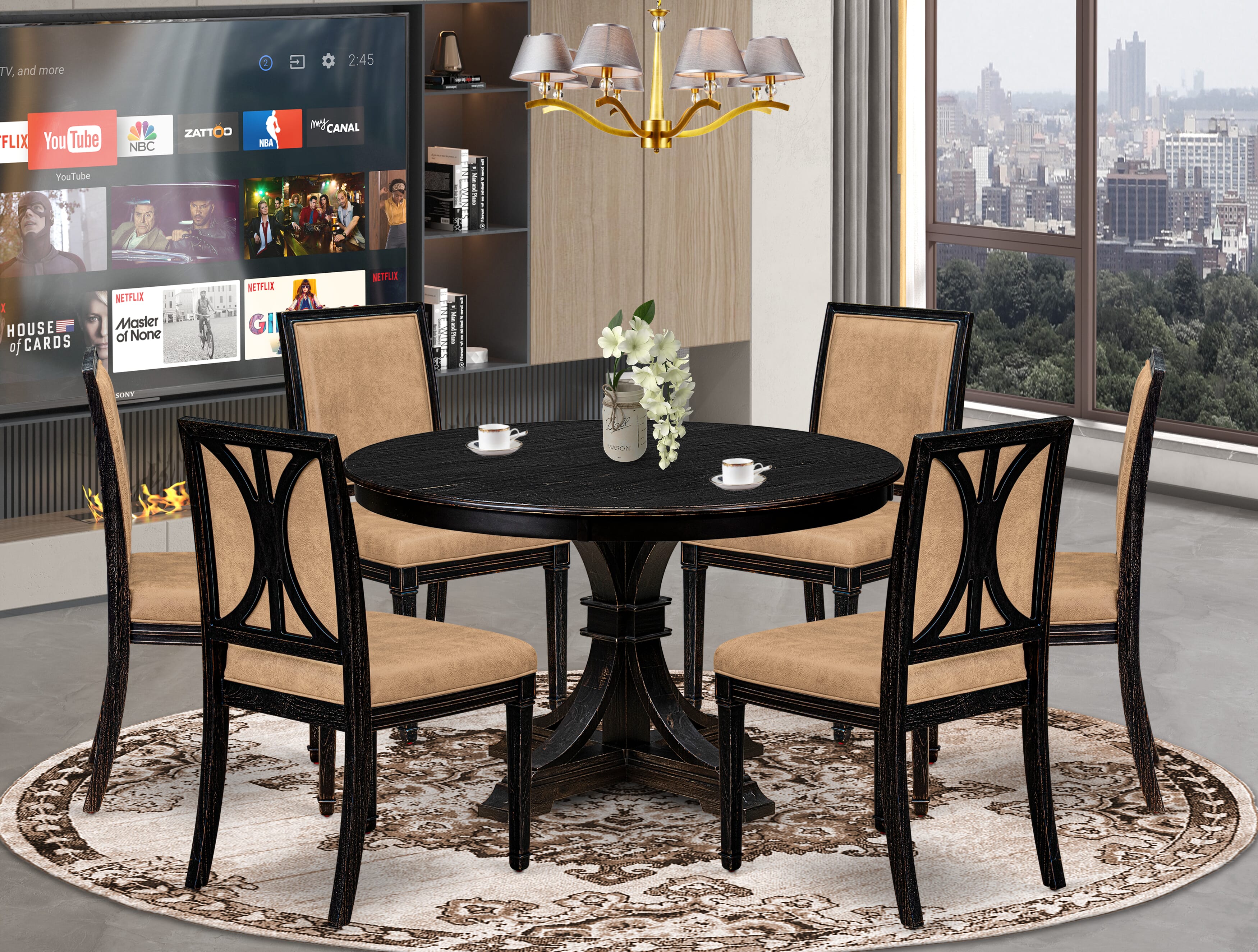 Luxe by East West Furniture - F7AM7-411-28 - 7-piece Kitchen Dining Table Set consists of a Dining Table and 6 Beige Polyester Fabric Parsons Chairs with High Back - Sand Blasting Black Finish