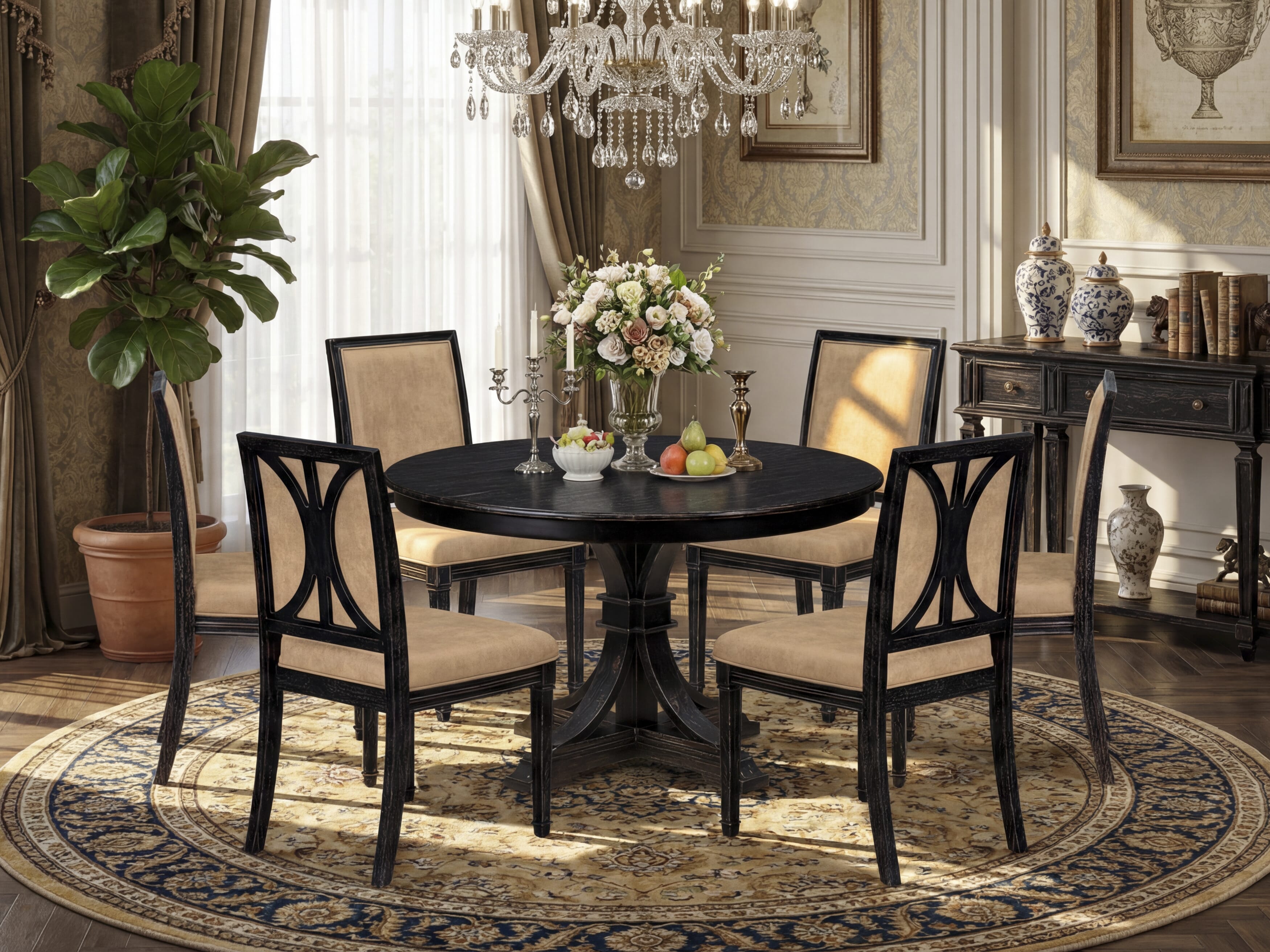 Luxe by East West Furniture - F7AM7-411-28 - 7-piece Kitchen Dining Table Set consists of a Dining Table and 6 Beige Polyester Fabric Parsons Chairs with High Back - Sand Blasting Black Finish