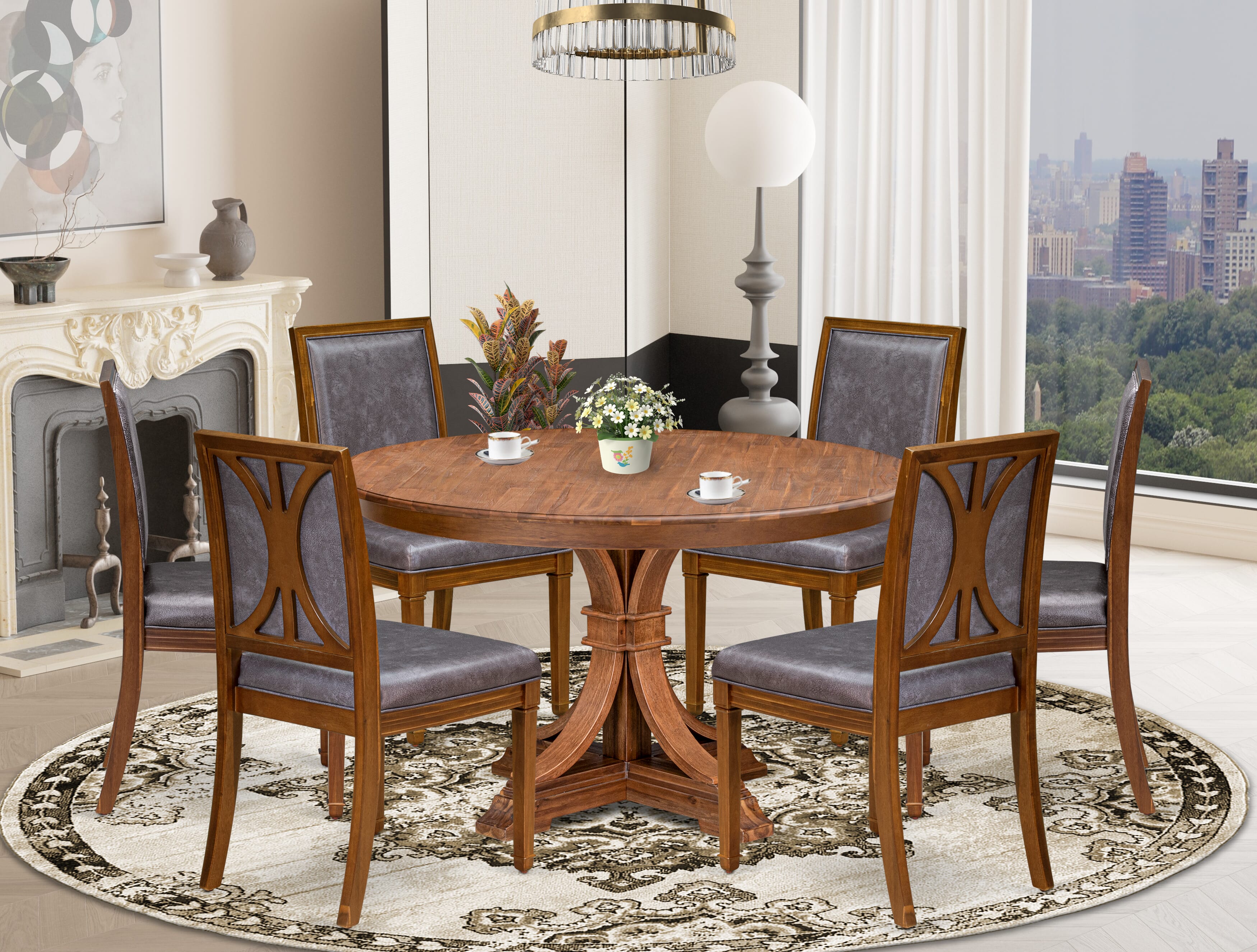 Luxe by East West Furniture - F7AM7-50N-34 - 7-piece Modern Dining Table Set consists of a Dining Table and 6 Dark Grey Polyester Fabric Dining Chair with High Back - Antique Walnut Finish