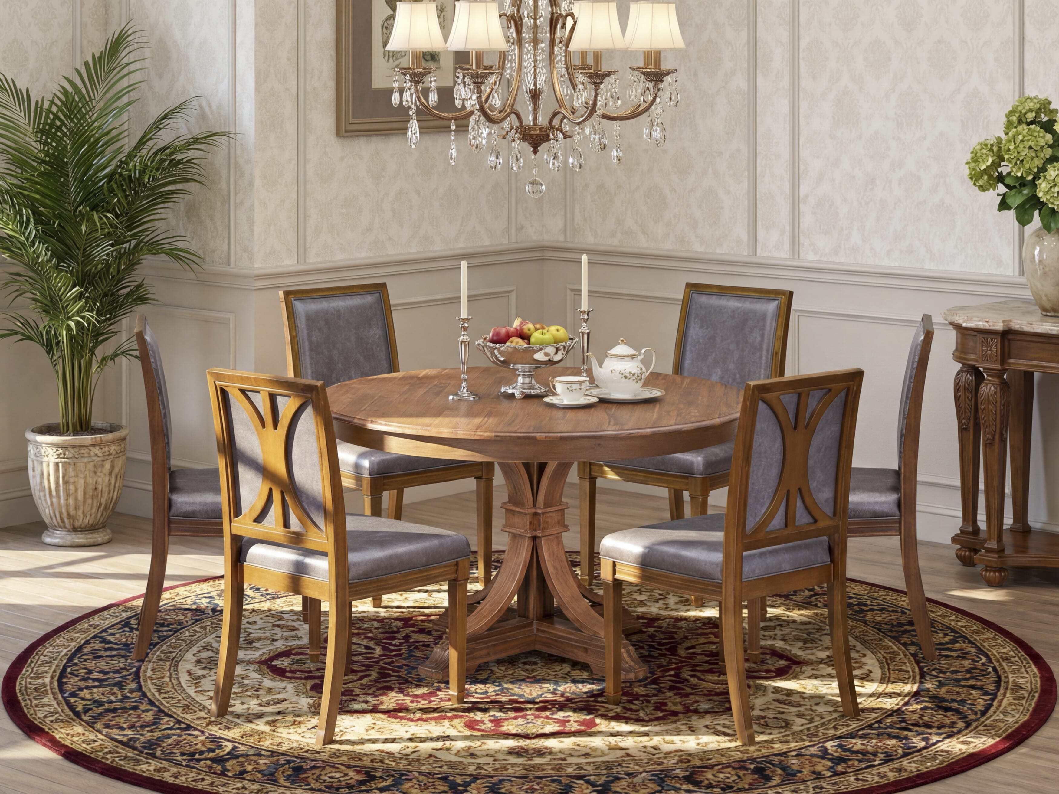 Luxe by East West Furniture - F7AM7-50N-34 - 7-piece Modern Dining Table Set consists of a Dining Table and 6 Dark Grey Polyester Fabric Dining Chair with High Back - Antique Walnut Finish