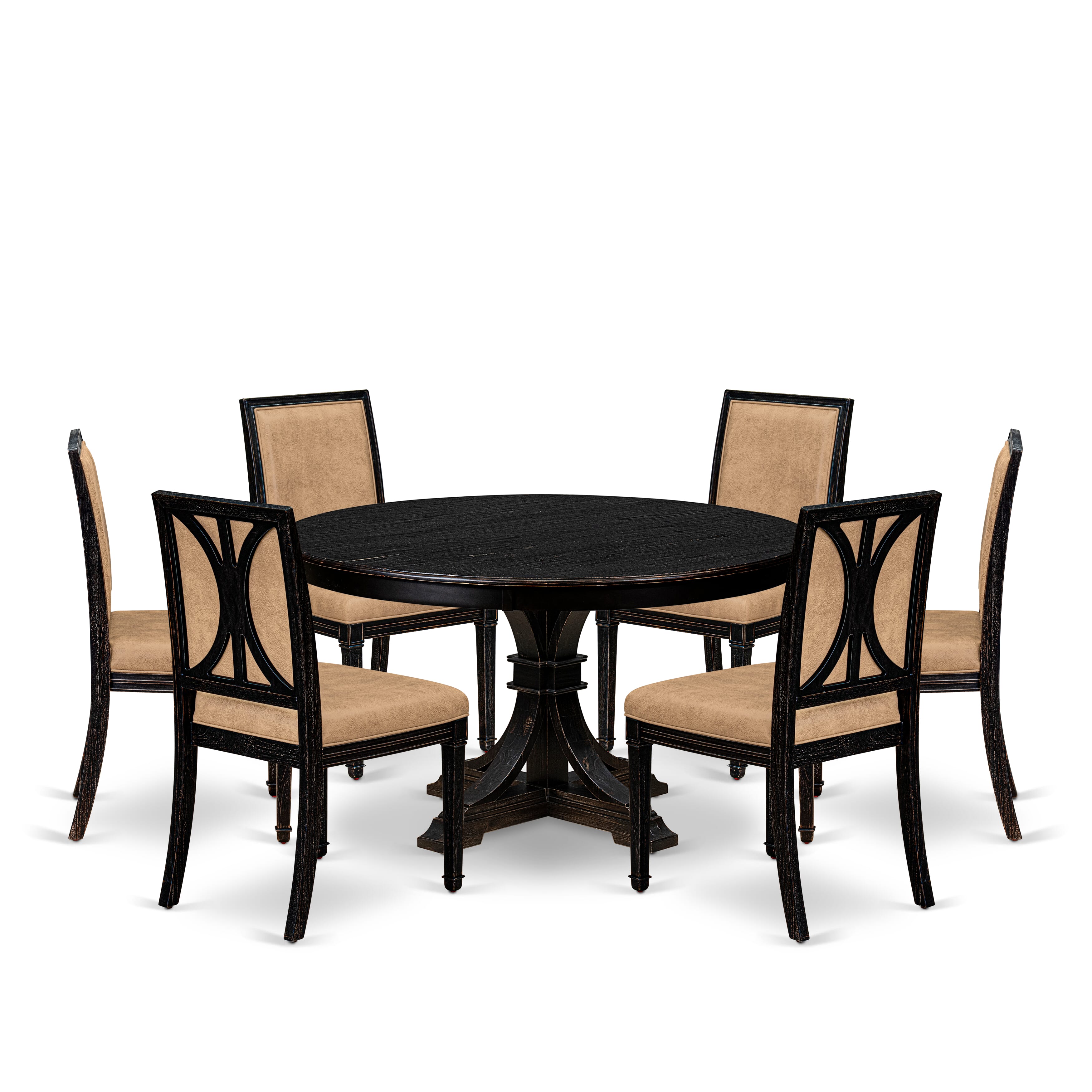 Luxe by East West Furniture - F7AM7-511-28 - 7-piece Dining Room Table Set consists of a Dining Table and 6 Beige Polyester Fabric Padded Chair with High Back - Sand Blasting Black Finish
