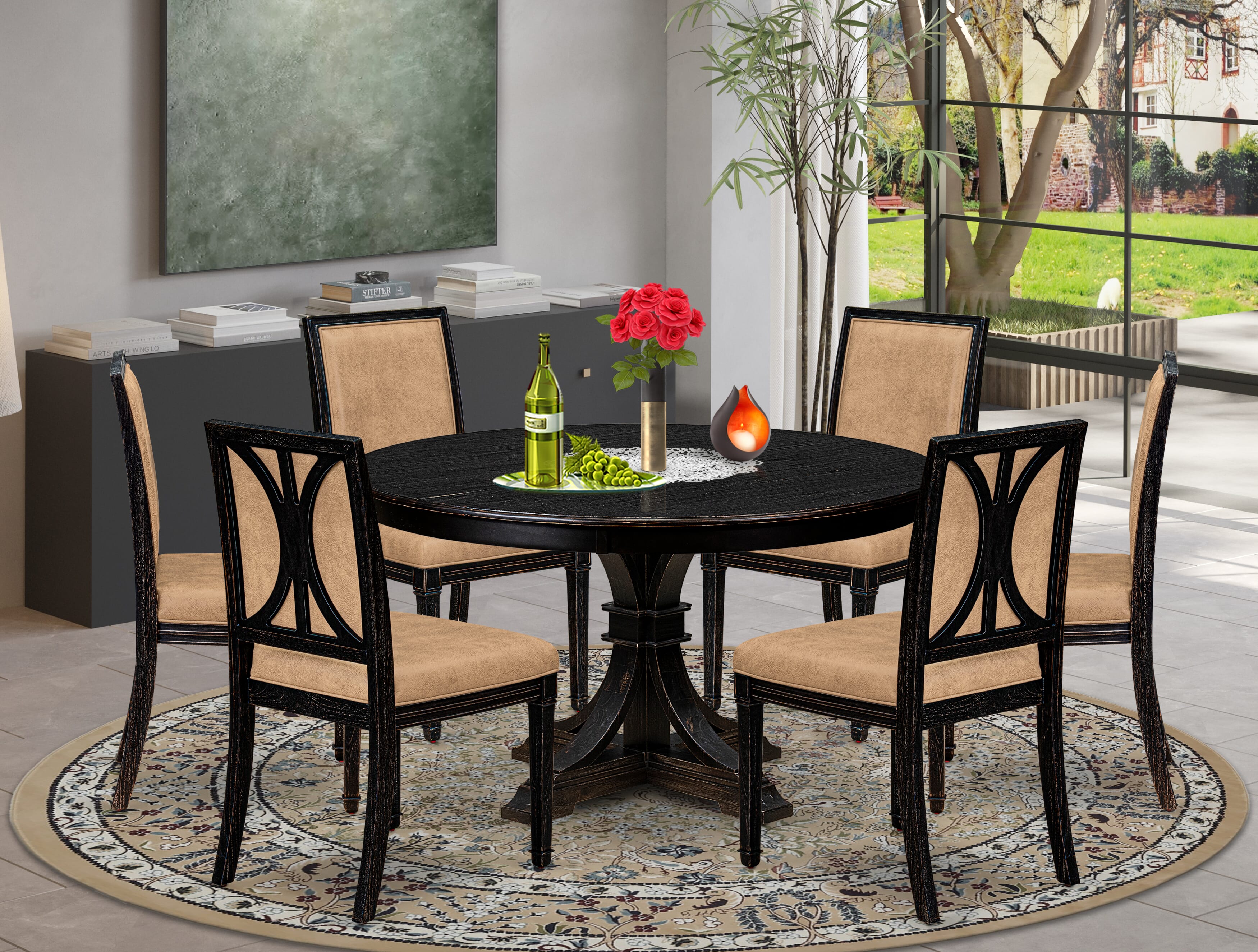 Luxe by East West Furniture - F7AM7-511-28 - 7-piece Dining Room Table Set consists of a Dining Table and 6 Beige Polyester Fabric Padded Chair with High Back - Sand Blasting Black Finish