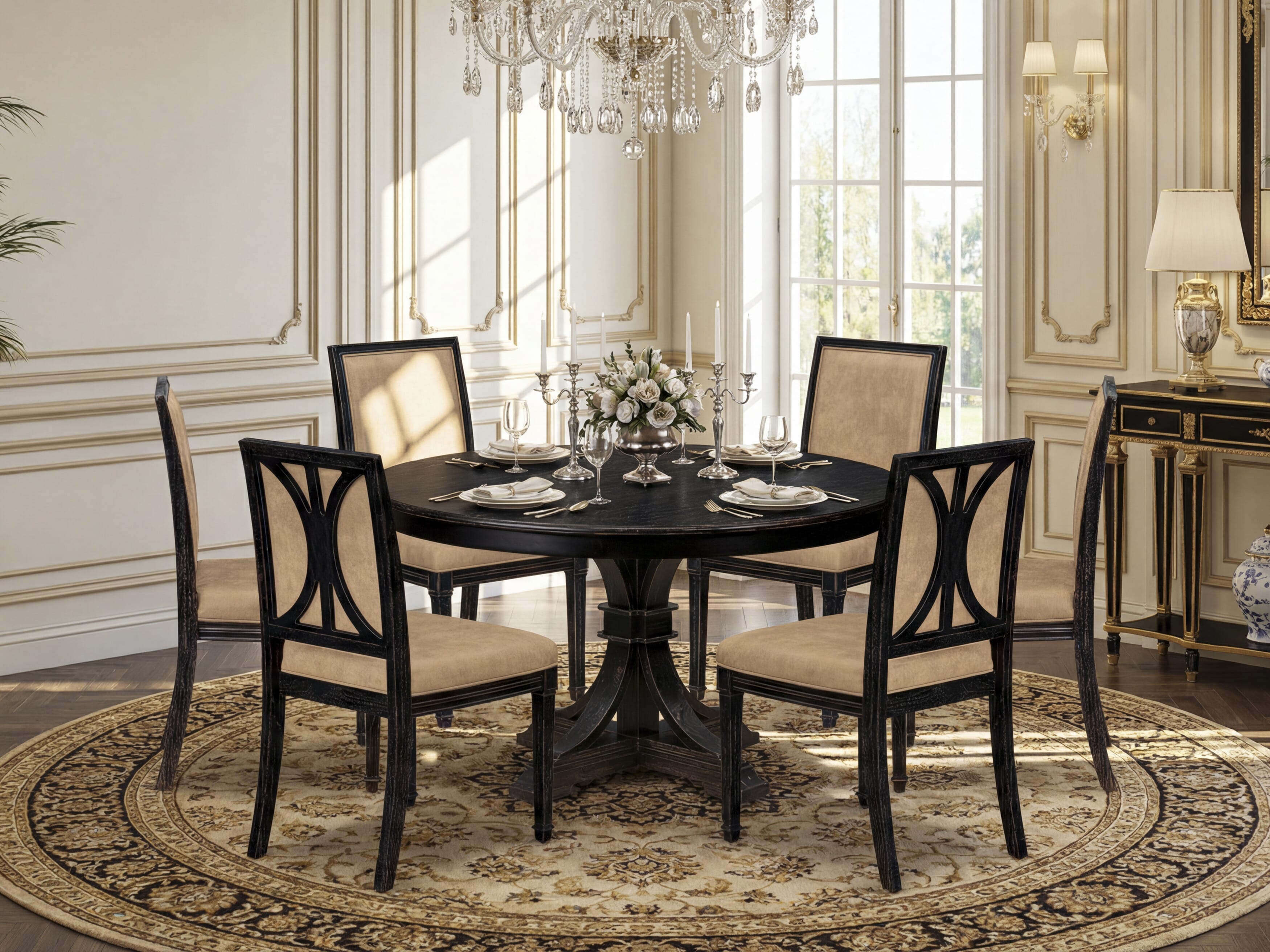 Luxe by East West Furniture - F7AM7-511-28 - 7-piece Dining Room Table Set consists of a Dining Table and 6 Beige Polyester Fabric Padded Chair with High Back - Sand Blasting Black Finish