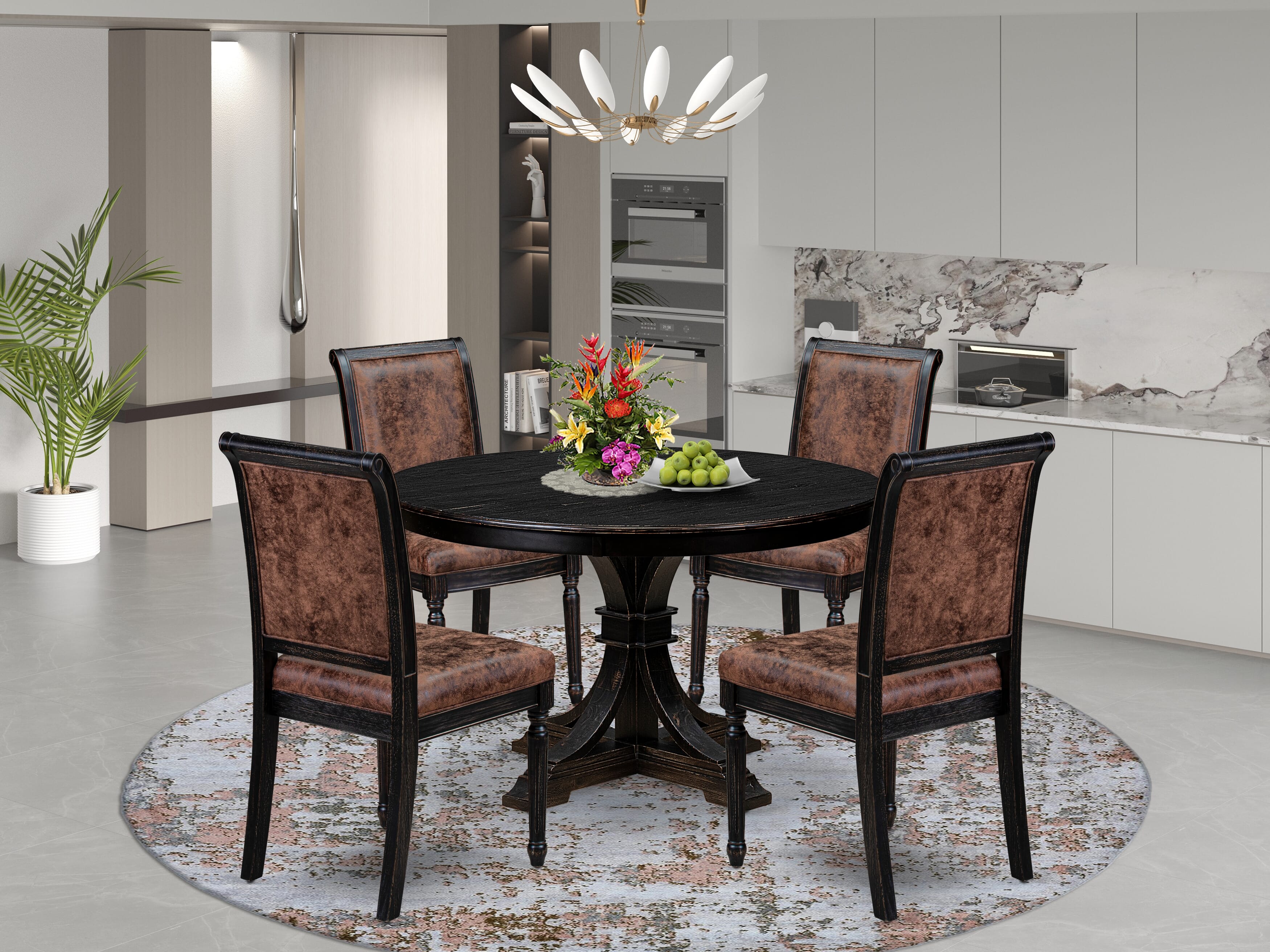 Luxe by East West Furniture - F7CY5-411-33 - 5-piece Kitchen Dining Table Set consists of a Dining Table and 4 Brown Polyester Fabric Parsons Chairs with High Back - Sand Blasting Black Finish