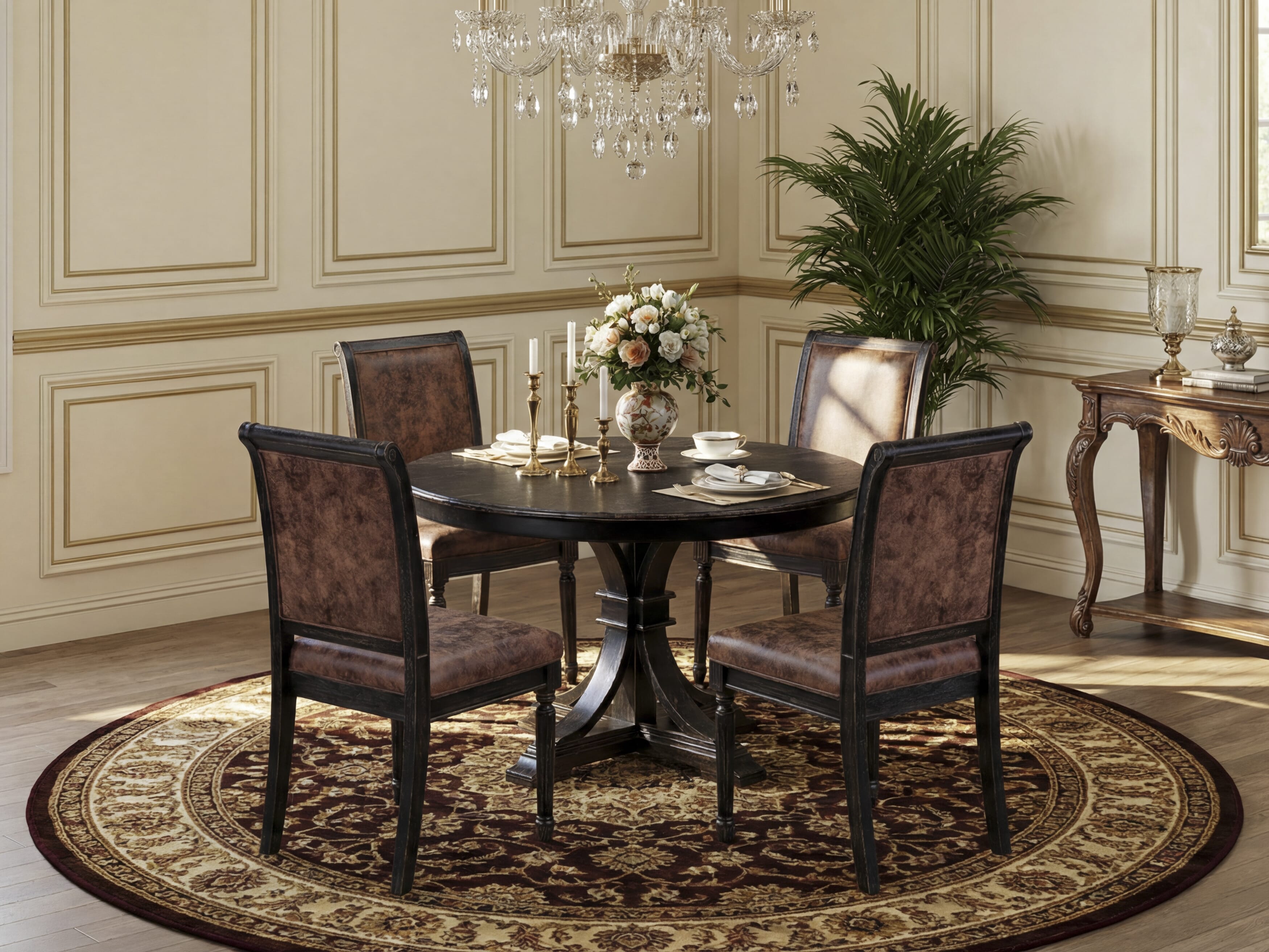 Luxe by East West Furniture - F7CY5-411-33 - 5-piece Kitchen Dining Table Set consists of a Dining Table and 4 Brown Polyester Fabric Parsons Chairs with High Back - Sand Blasting Black Finish
