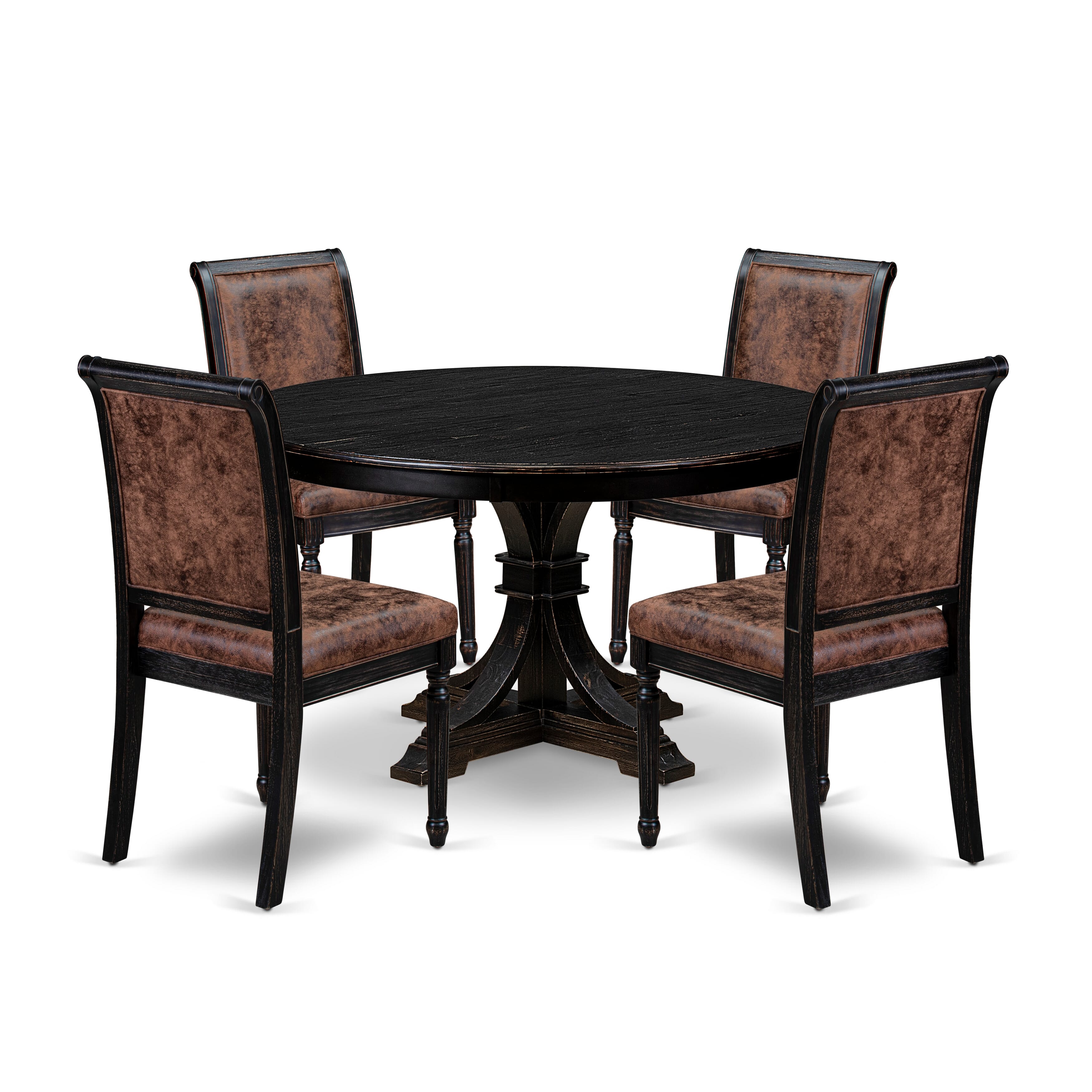 Luxe by East West Furniture - F7CY5-511-33 - 5-piece Dining Room Table Set consists of a Dining Table and 4 Brown Polyester Fabric Padded Chair with High Back - Sand Blasting Black Finish
