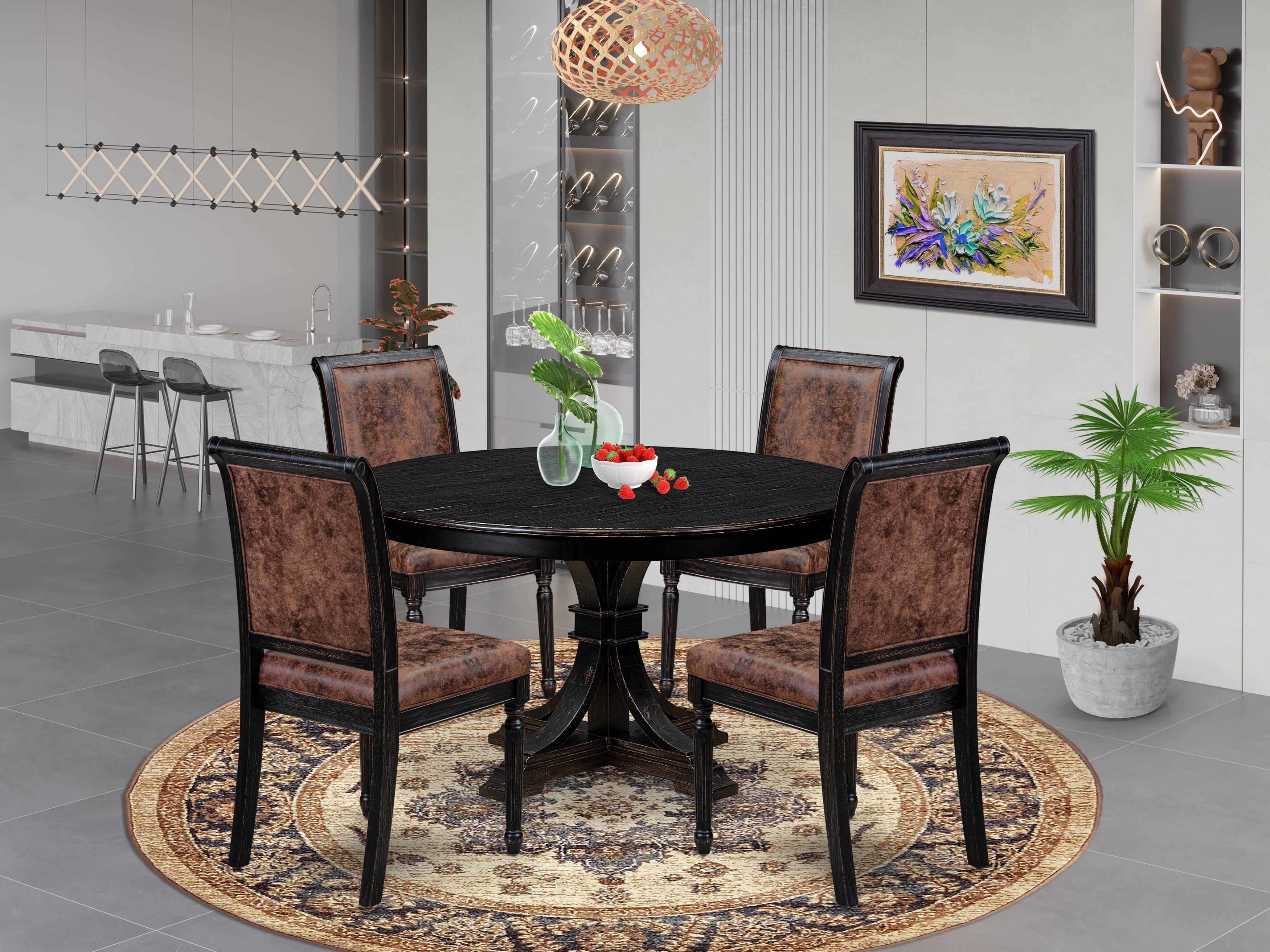 Luxe by East West Furniture - F7CY5-511-33 - 5-piece Dining Room Table Set consists of a Dining Table and 4 Brown Polyester Fabric Padded Chair with High Back - Sand Blasting Black Finish