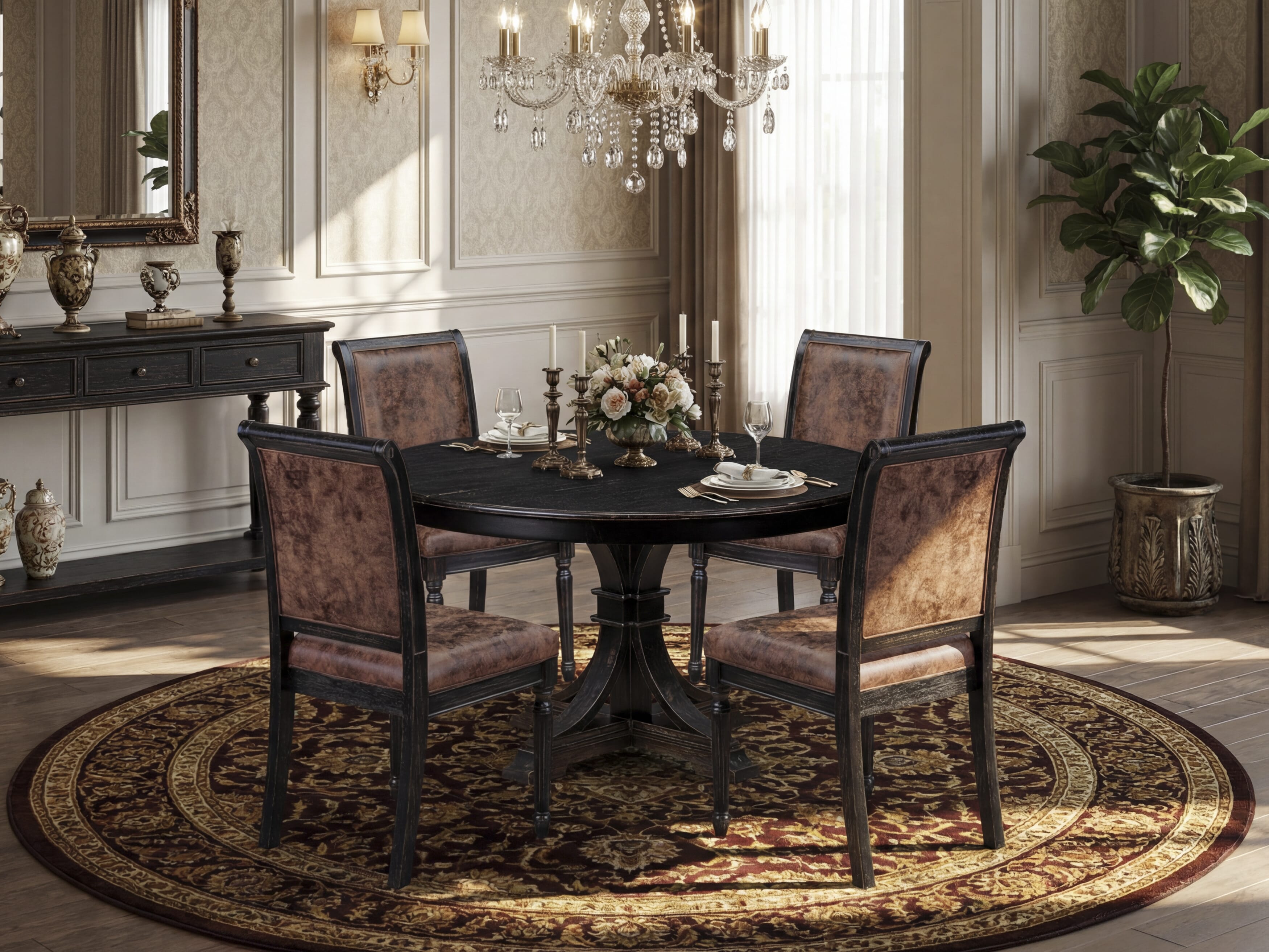 Luxe by East West Furniture - F7CY5-511-33 - 5-piece Dining Room Table Set consists of a Dining Table and 4 Brown Polyester Fabric Padded Chair with High Back - Sand Blasting Black Finish