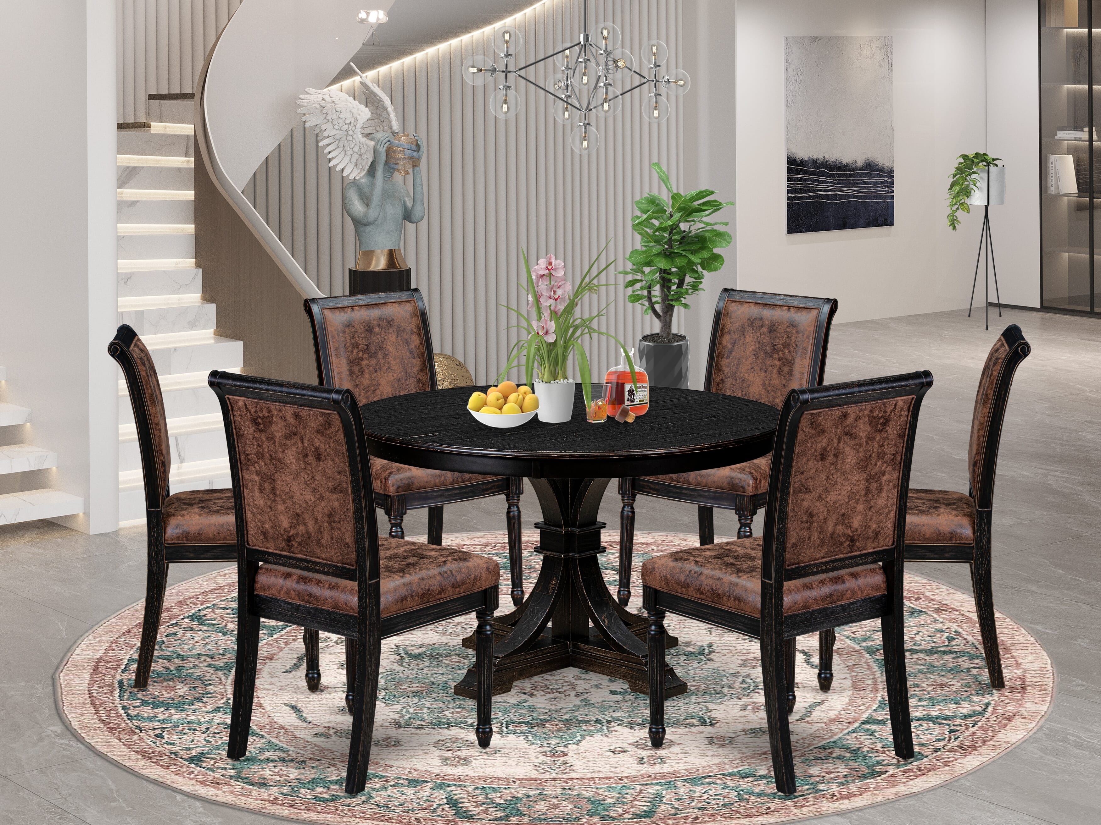 Luxe by East West Furniture - F7CY7-411-33 - 7-piece Kitchen Dining Table Set consists of a Dining Table and 6 Brown Polyester Fabric Parsons Chairs with High Back - Sand Blasting Black Finish