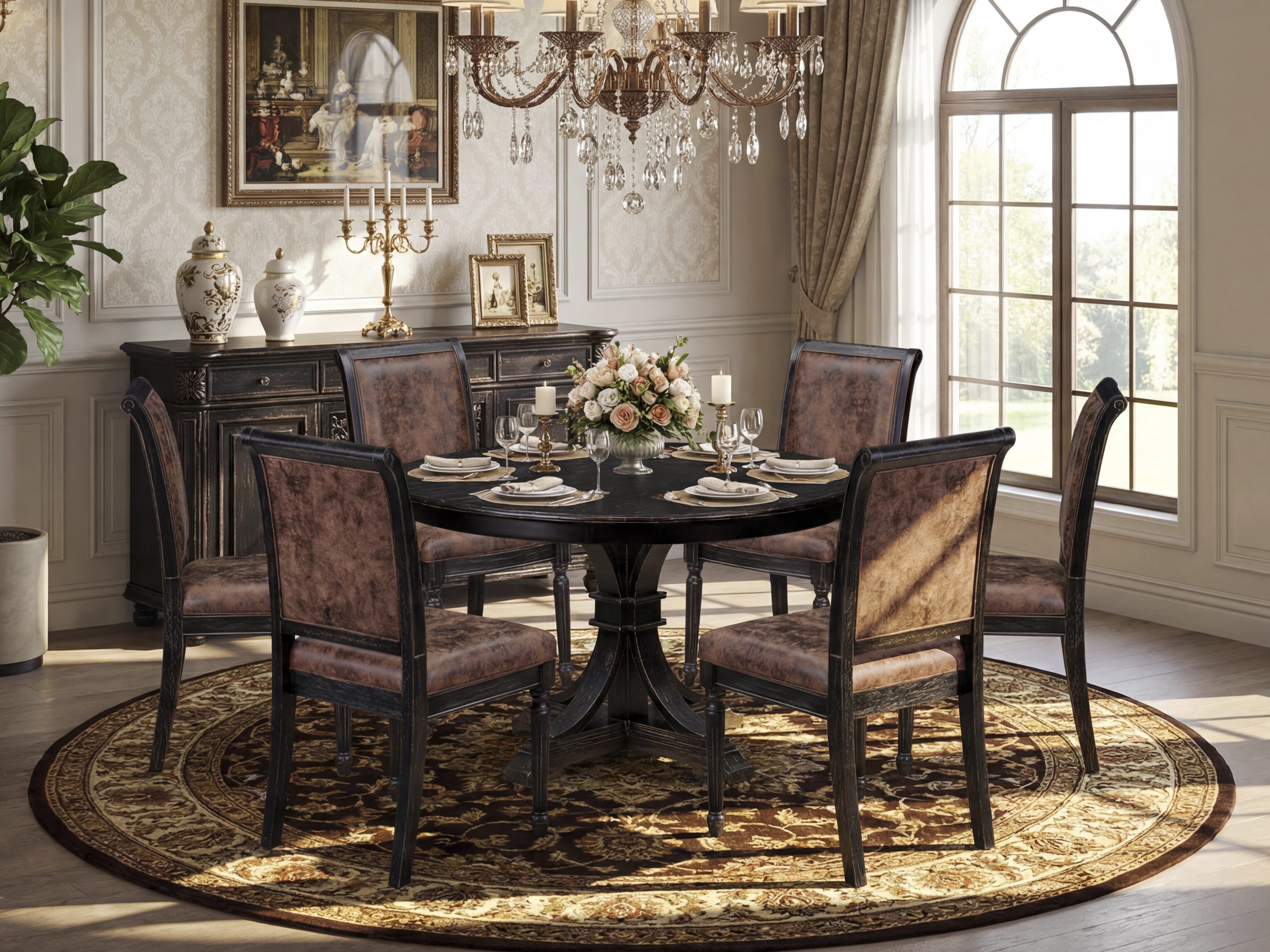 Luxe by East West Furniture - F7CY7-411-33 - 7-piece Kitchen Dining Table Set consists of a Dining Table and 6 Brown Polyester Fabric Parsons Chairs with High Back - Sand Blasting Black Finish