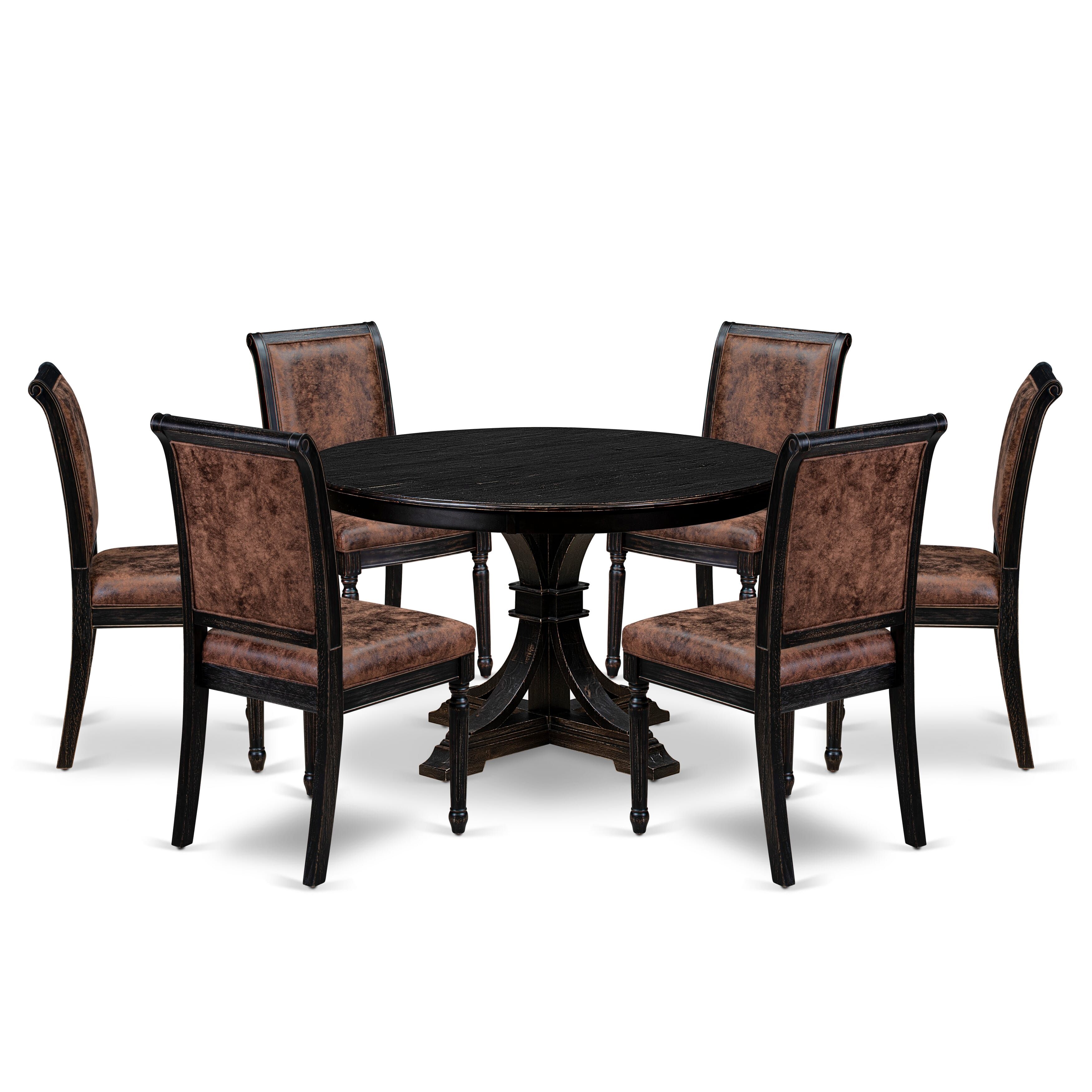 Luxe by East West Furniture - F7CY7-411-33 - 7-piece Kitchen Dining Table Set consists of a Dining Table and 6 Brown Polyester Fabric Parsons Chairs with High Back - Sand Blasting Black Finish