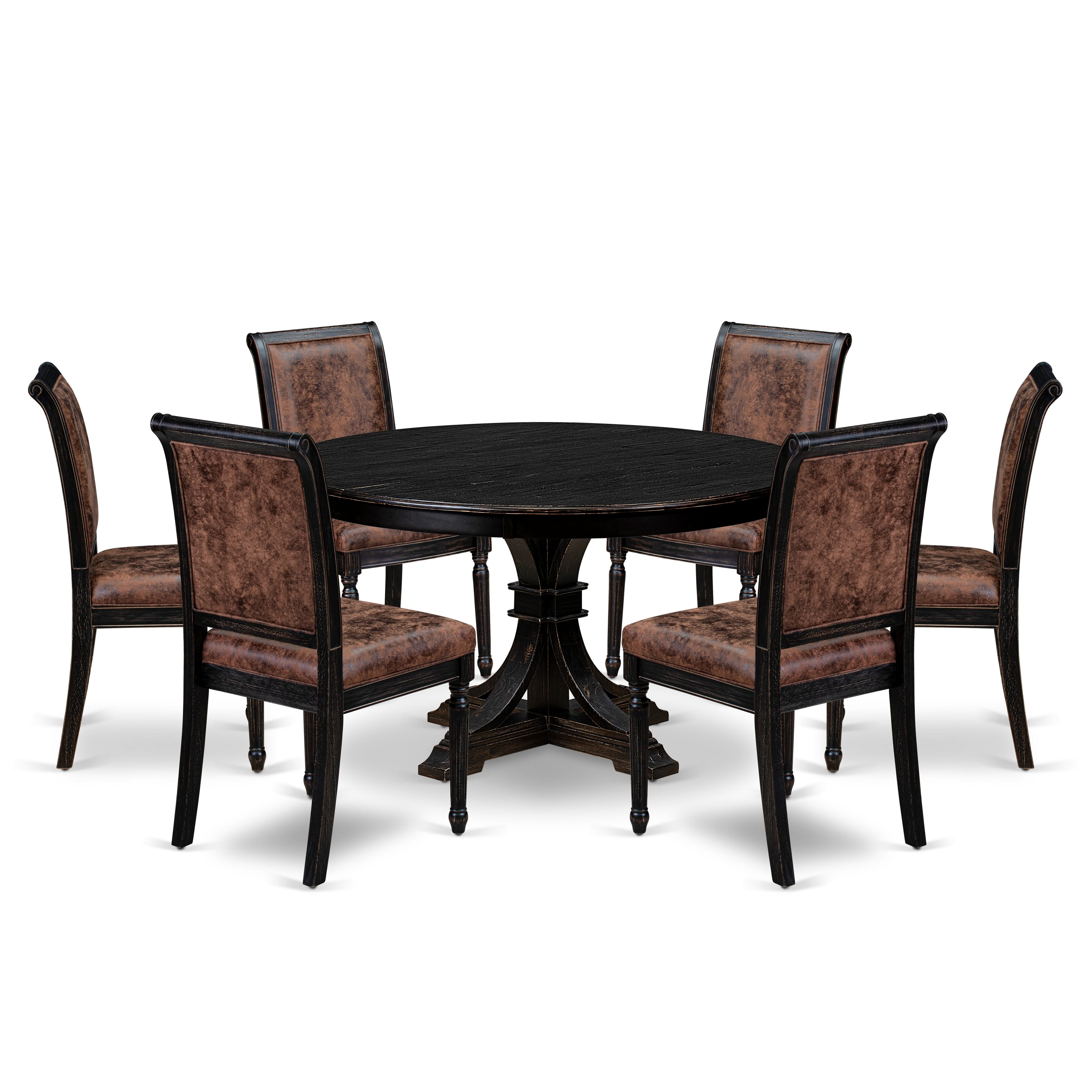 Luxe by East West Furniture - F7CY7-511-33 - 7-piece Dining Room Table Set consists of a Dining Table and 6 Brown Polyester Fabric Padded Chair with High Back - Sand Blasting Black Finish