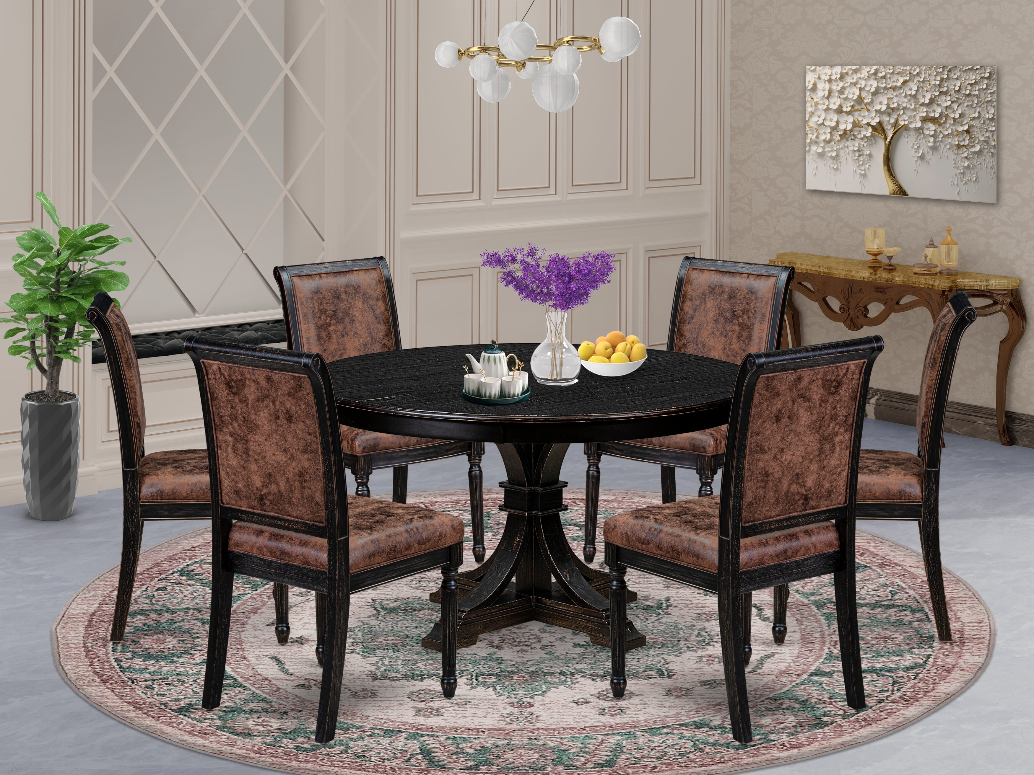 Luxe by East West Furniture - F7CY7-511-33 - 7-piece Dining Room Table Set consists of a Dining Table and 6 Brown Polyester Fabric Padded Chair with High Back - Sand Blasting Black Finish