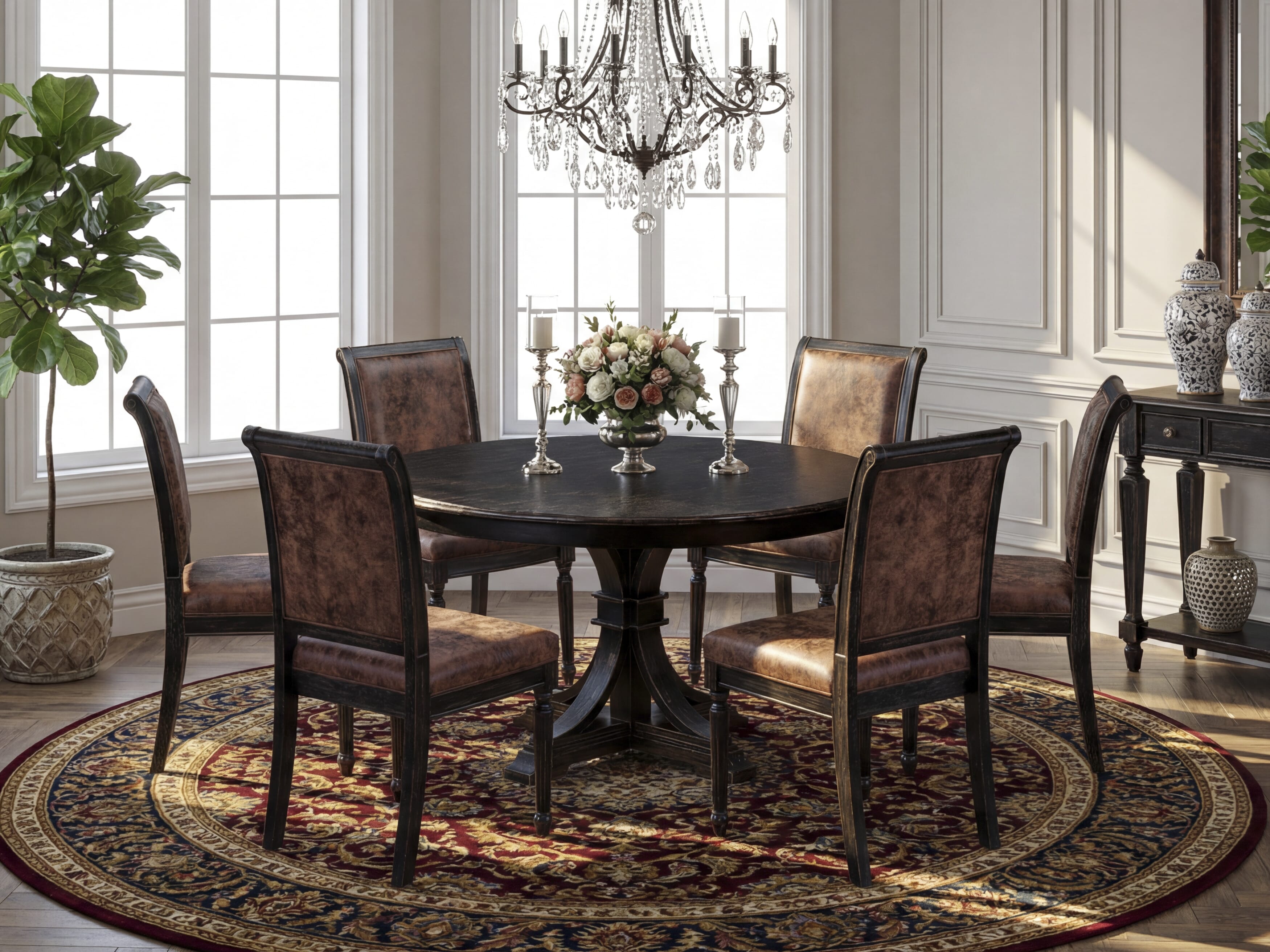Luxe by East West Furniture - F7CY7-511-33 - 7-piece Dining Room Table Set consists of a Dining Table and 6 Brown Polyester Fabric Padded Chair with High Back - Sand Blasting Black Finish