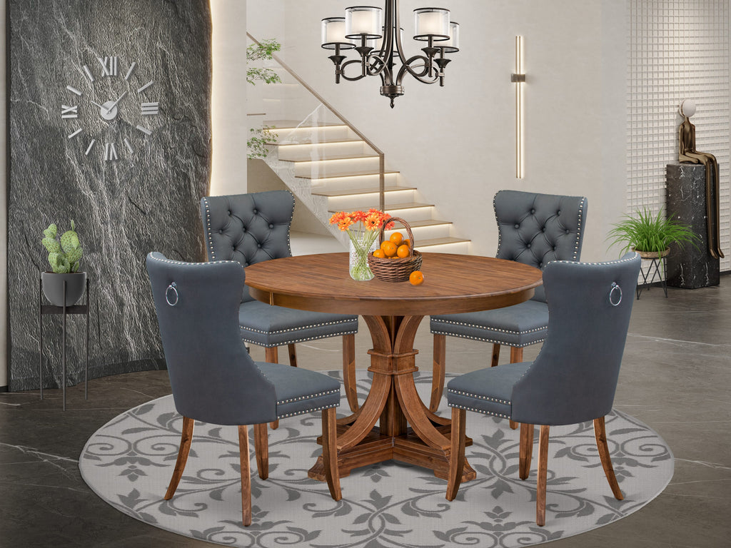 Luxe by East West Furniture F7DA5-40N-13 5-piece Dining table set consists of a Mid-century Dining Table and 4 Platinum Gray Faux Leather Kitchen Chairs with Button Tufted Back - Antique Walnut Finish
