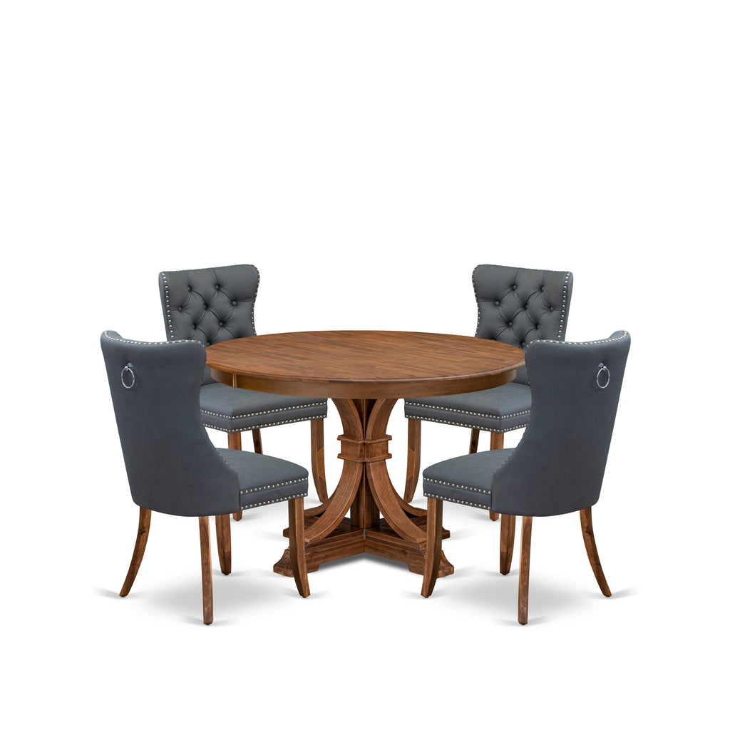 Luxe by East West Furniture F7DA5-40N-13 5-piece Dining table set consists of a Mid-century Dining Table and 4 Platinum Gray Faux Leather Kitchen Chairs with Button Tufted Back - Antique Walnut Finish