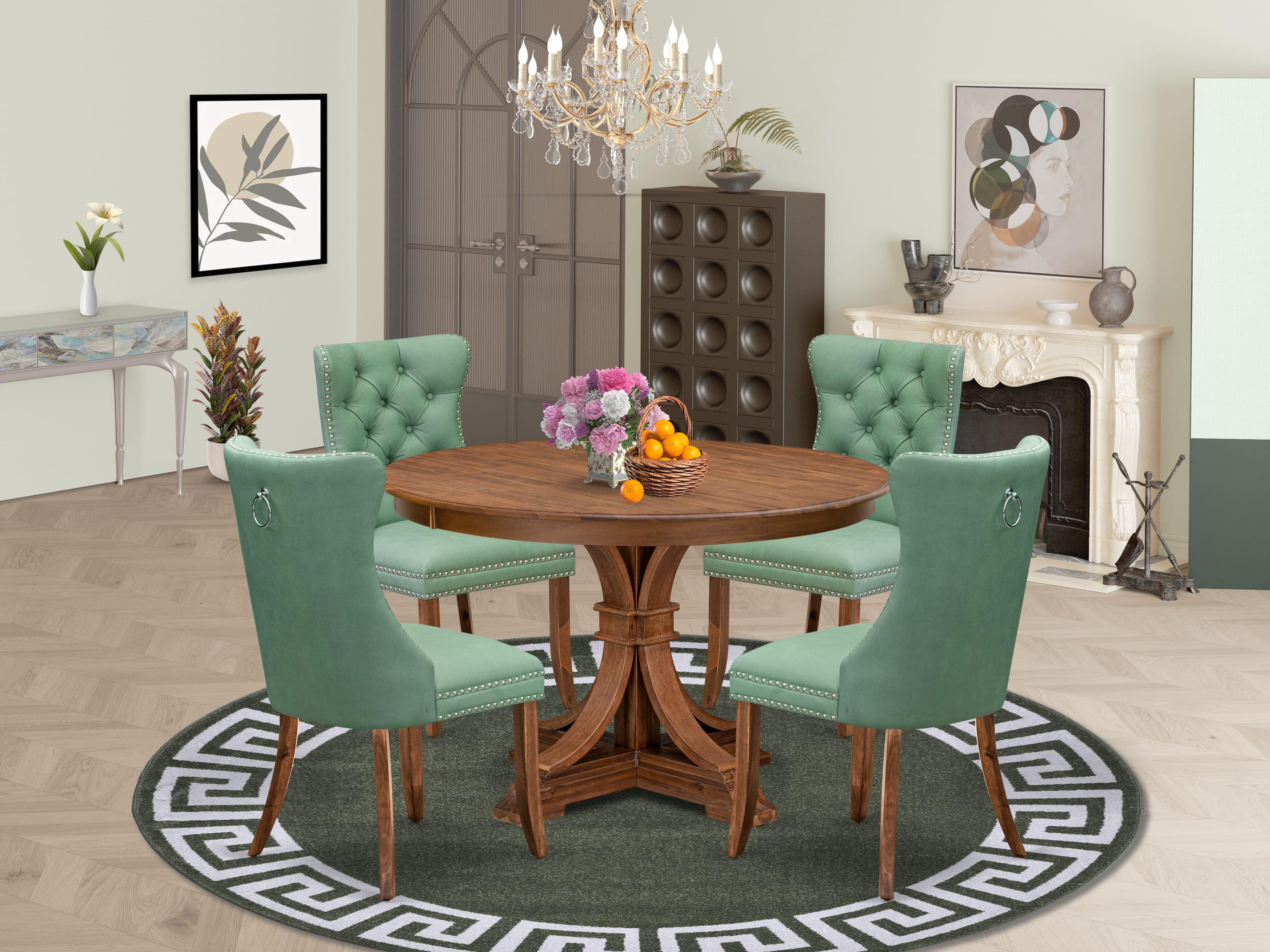Luxe by East West Furniture F7DA5-40N-22 5-Pc Mid Century Dining Set Includes a Wooden Table and 4 Willow Green Faux Leather Chairs with Button-Tufted Back, Antique Walnut