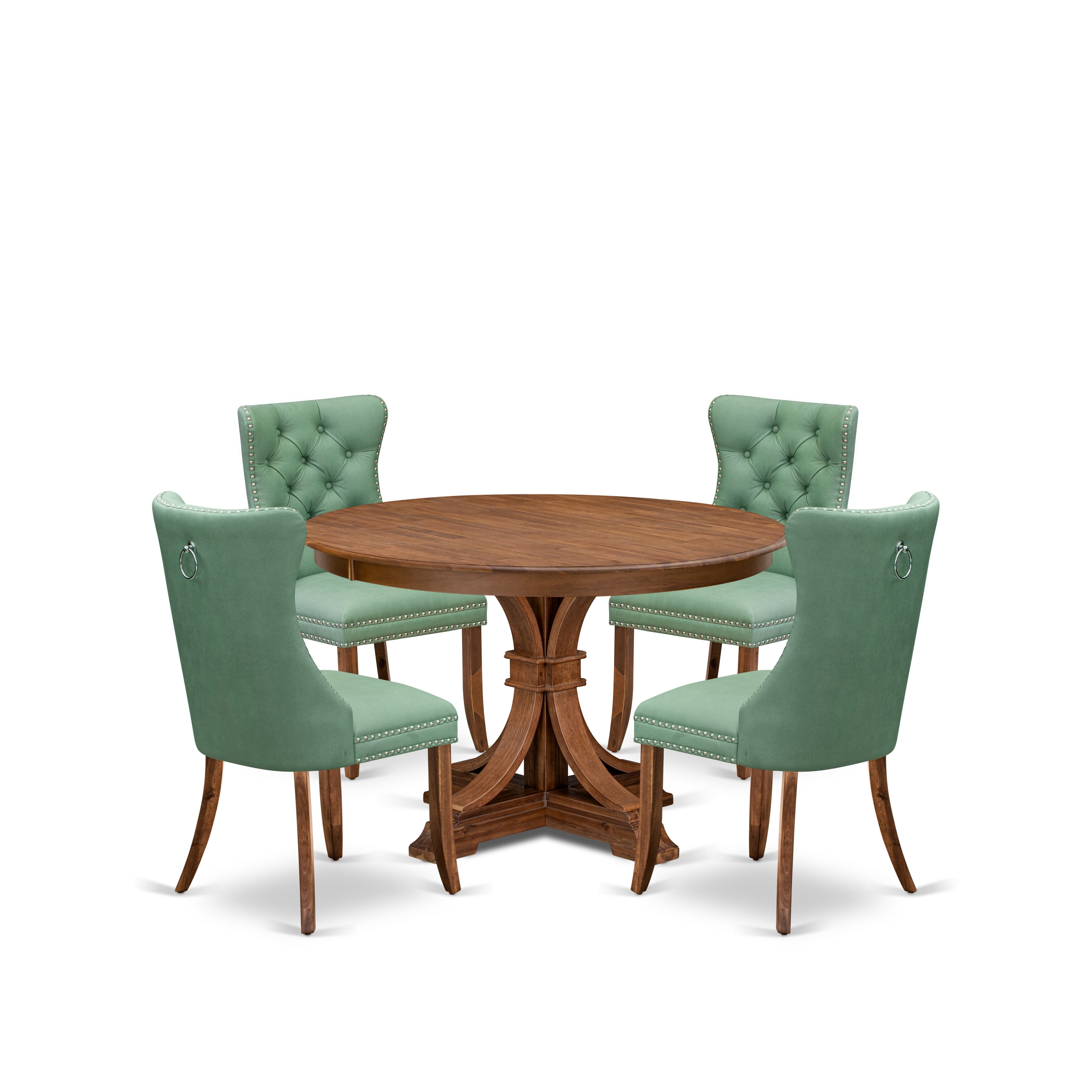 Luxe by East West Furniture F7DA5-40N-22 5-Pc Mid Century Dining Set Includes a Wooden Table and 4 Willow Green Faux Leather Chairs with Button-Tufted Back, Antique Walnut