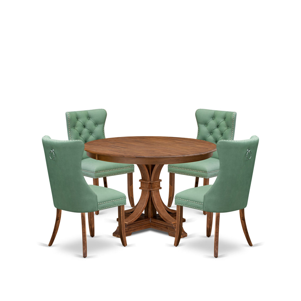 Luxe by East West Furniture F7DA5-40N-22 5-Pc Mid Century Dining Set Include a Wooden Table and 4 Willow Green Faux Leather Chairs with Button-Tufted Back, Antique Walnut