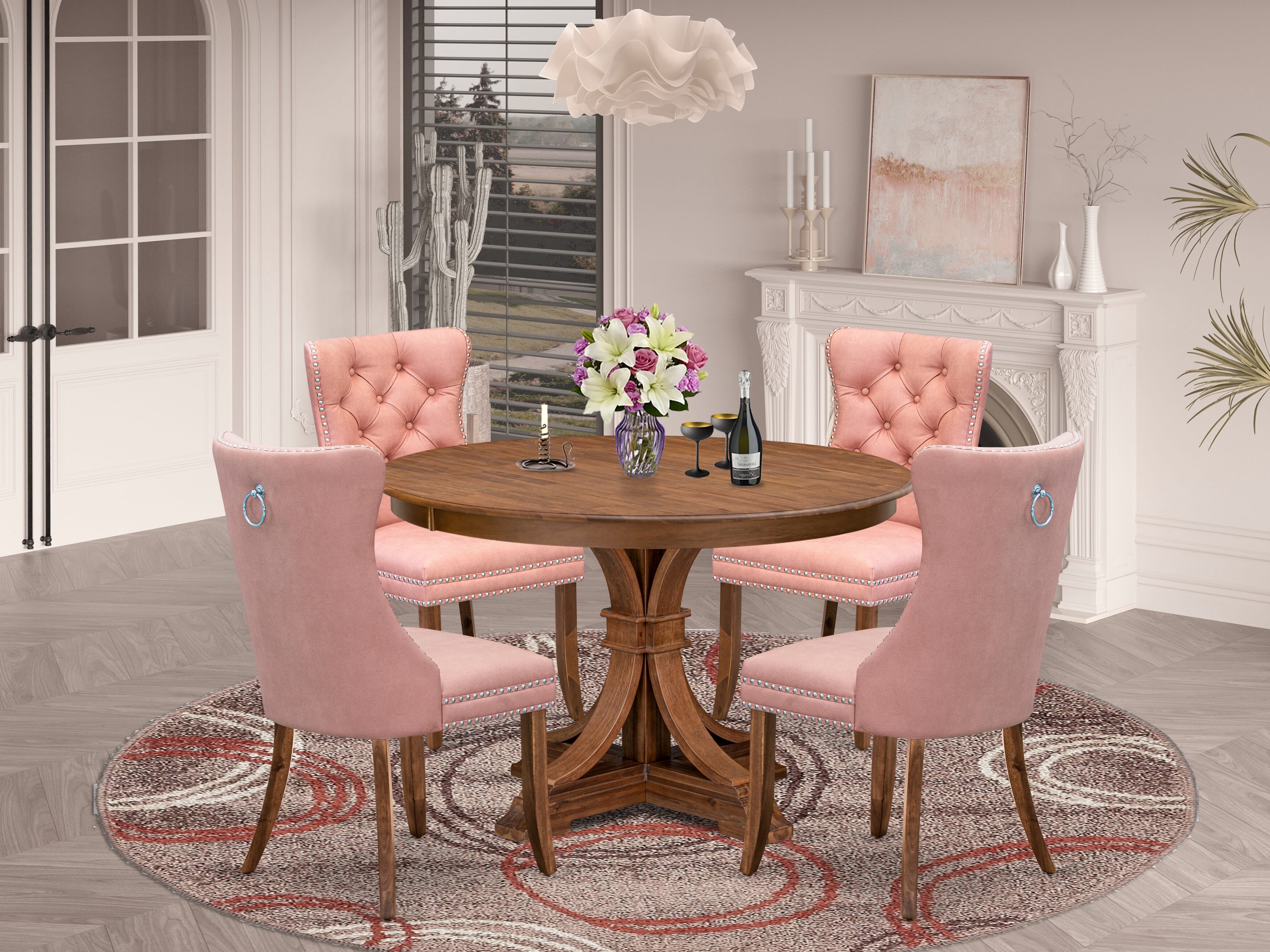 Luxe by East West Furniture F7DA5-40N-23 5-Pc Kitchen Table Set Includes a Wooden Table and 4 Beige Red Faux Leather Padded Chairs with Button-Tufted Back, Antique Walnut