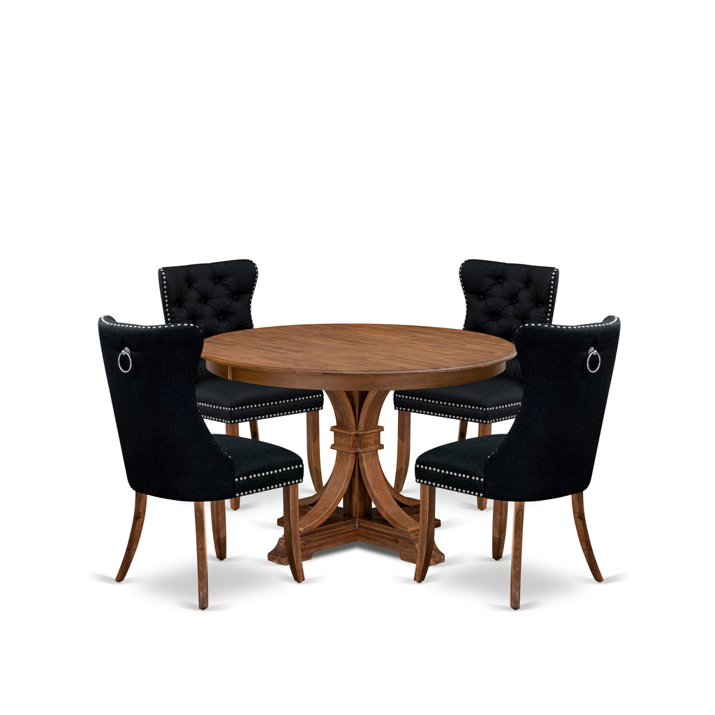 Luxe by East West Furniture F7DA5-40N-24 5-Piece Dining Room Set with Linen Fabric 4 Black upholstered kitchen chairs, Button-Tufted Backs, and a 48"Round Table in Antique Walnut Finish.