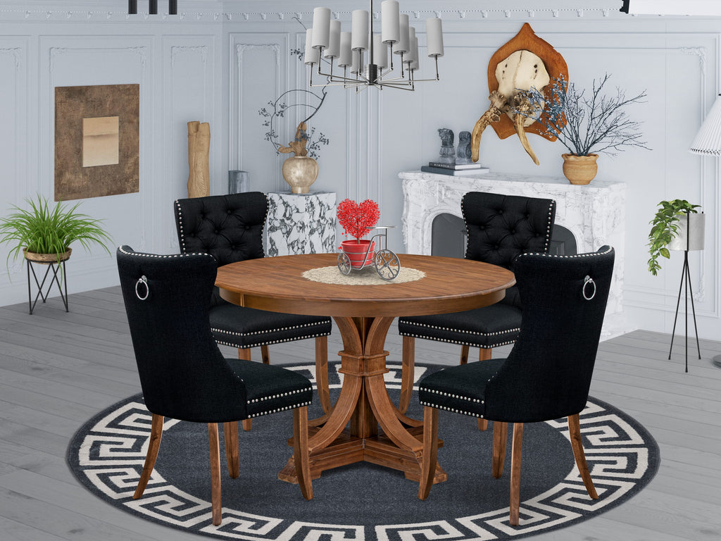 Luxe by East West Furniture F7DA5-40N-24 5-Piece Dining Room Set with Linen Fabric 4 Black upholstered kitchen chairs, Button-Tufted Backs, and a 48"Round Table in Antique Walnut Finish.