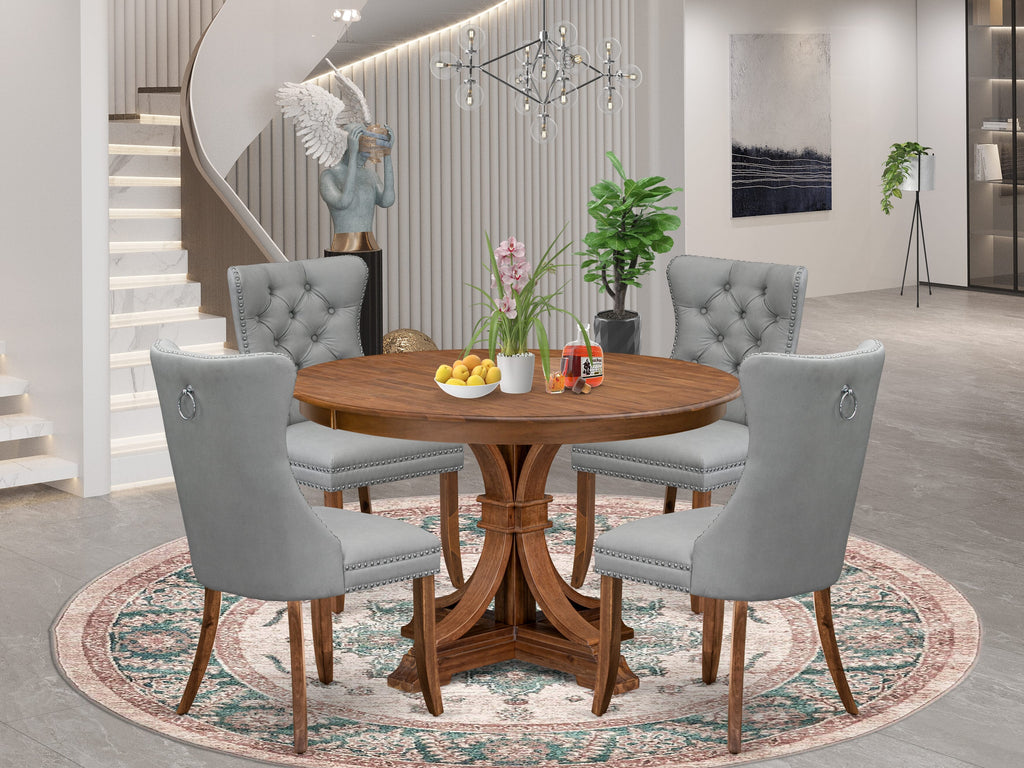 Luxe by East West Furniture F7DA5-40N-27 5-Pc Mid Century Dining Set Include a Wooden Table and 4 Light Gray Faux Leather Parson Chairs with Button-Tufted Back, Antique Walnut