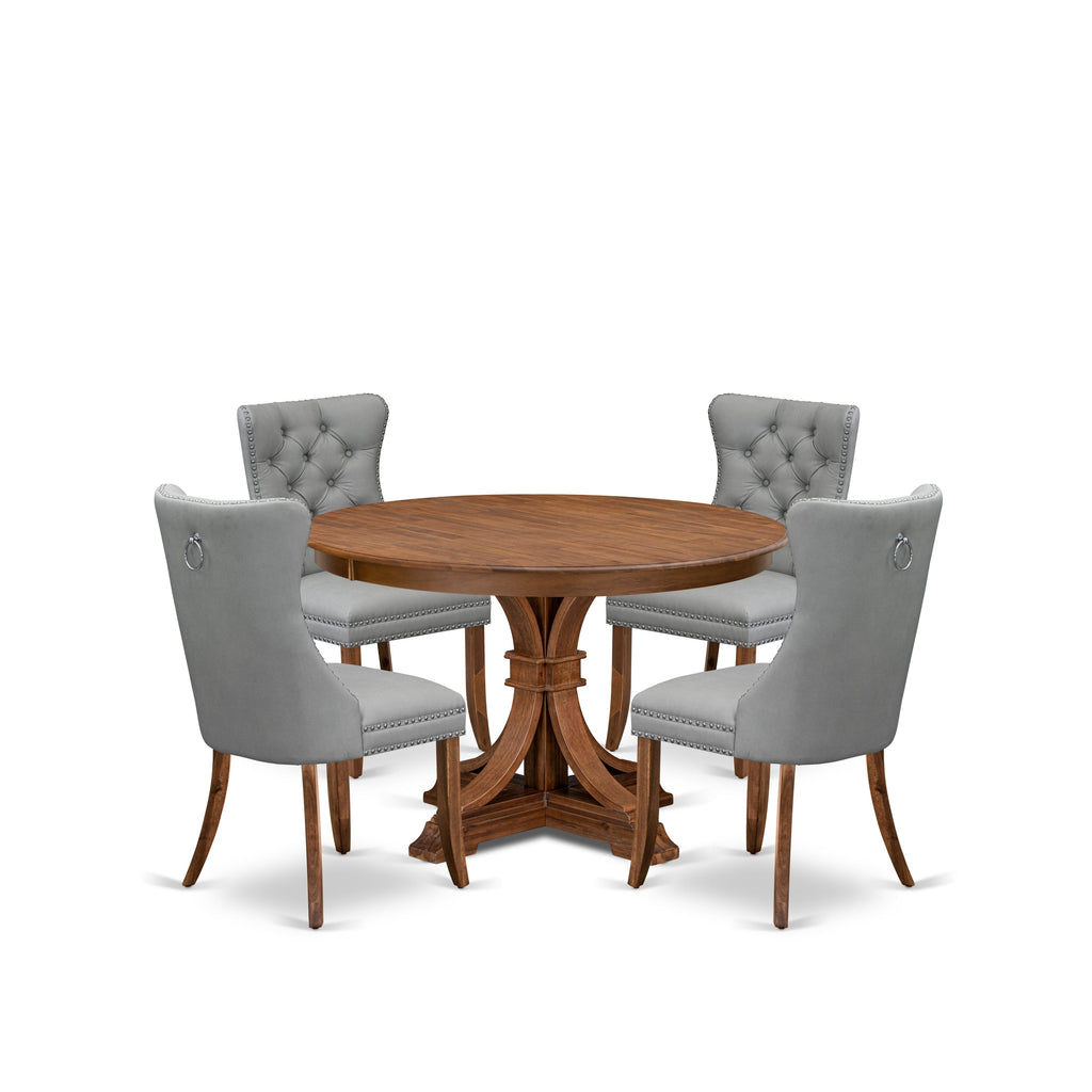 Luxe by East West Furniture F7DA5-40N-27 5-Pc Mid Century Dining Set Include a Wooden Table and 4 Light Gray Faux Leather Parson Chairs with Button-Tufted Back, Antique Walnut