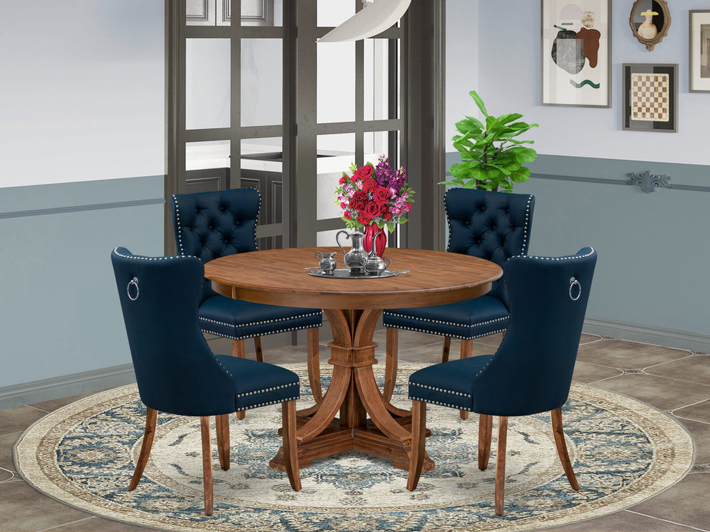 Luxe by East West Furniture F7DA5-40N-29 5-Piece Modern Dining Set with Faux Leather 4 Navy Blue dining chairs, Button-Tufted Backs, and a 48"Round Table in Antique Walnut Finish.