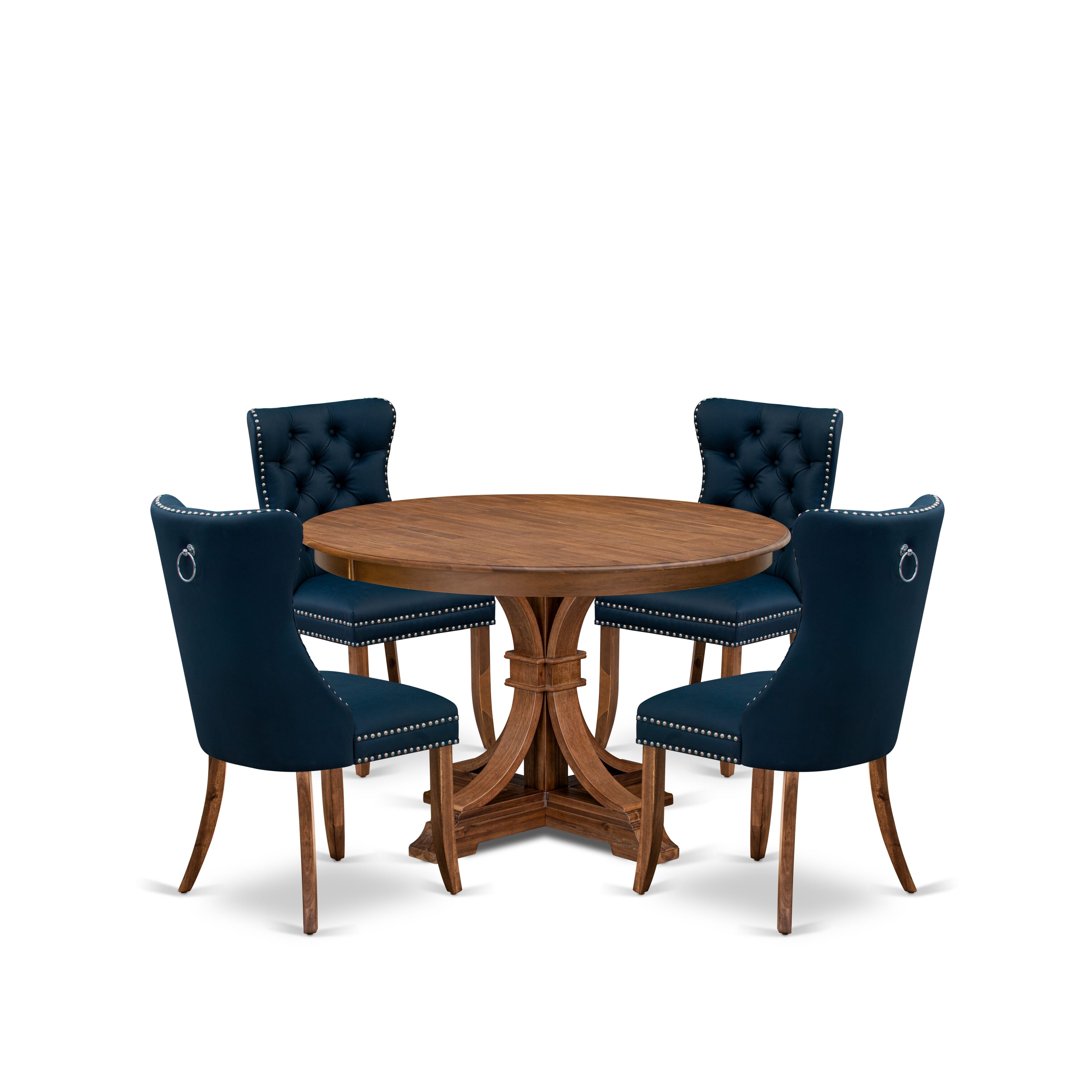 Luxe by East West Furniture F7DA5-40N-29 5-Piece Modern Dining Set with Faux Leather 4 Navy Blue dining chairs, Button-Tufted Backs, and a 48"Round Table in Antique Walnut Finish.