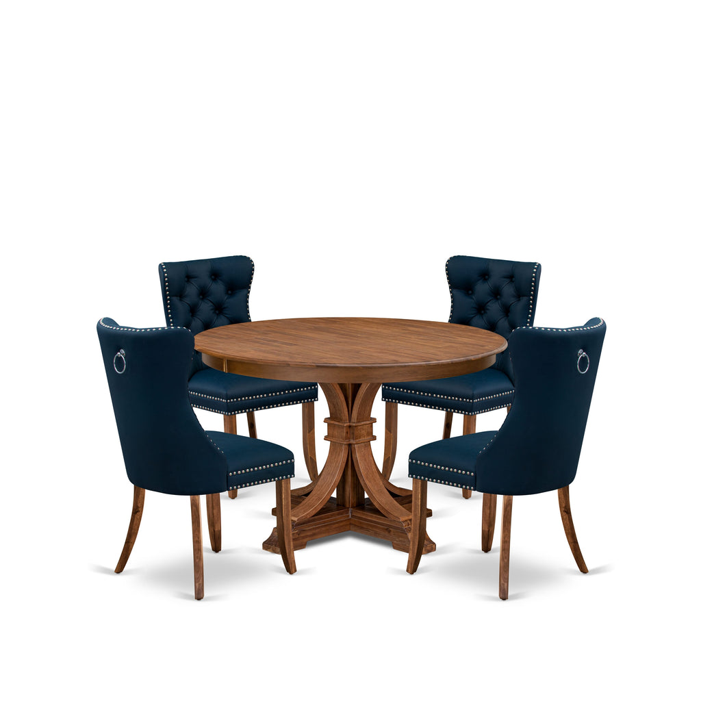 Luxe by East West Furniture F7DA5-40N-29 5-Piece Modern Dining Set with Faux Leather 4 Navy Blue dining chairs, Button-Tufted Backs, and a 48"Round Table in Antique Walnut Finish.