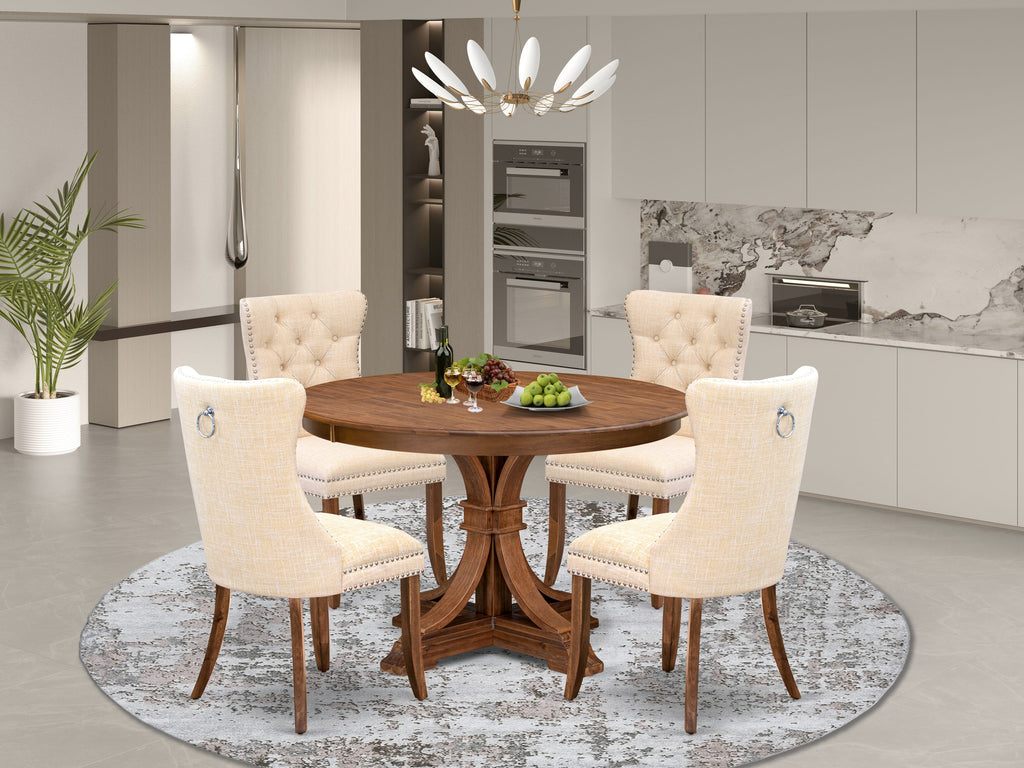 Luxe by East West Furniture F7DA5-40N-32 5-Piece Kitchen Table Set with Linen Fabric 4 Light Beige upholstered chairs, Button-Tufted Backs, and a 48"Round Dinner Table in Antique Walnut Finish.