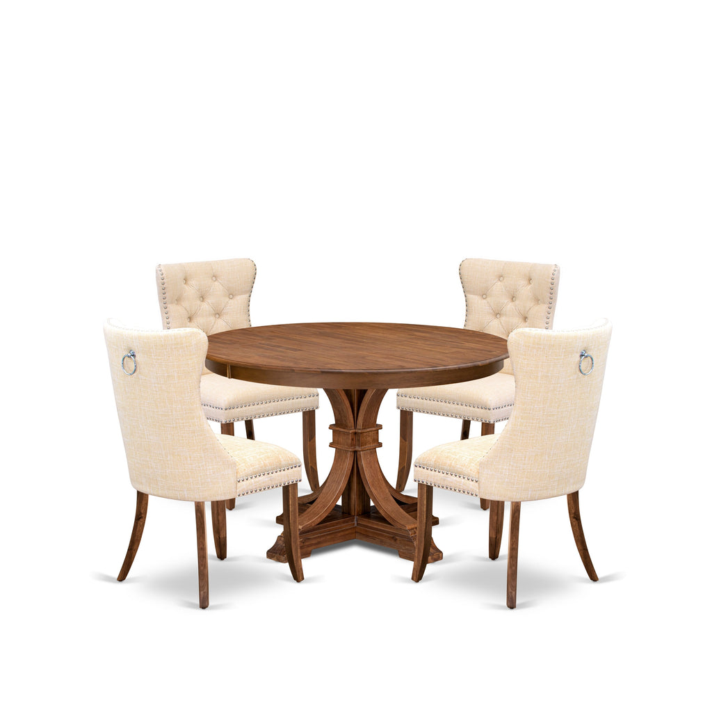 Luxe by East West Furniture F7DA5-40N-32 5-Piece Kitchen Table Set with Linen Fabric 4 Light Beige upholstered chairs, Button-Tufted Backs, and a 48"Round Dinner Table in Antique Walnut Finish.