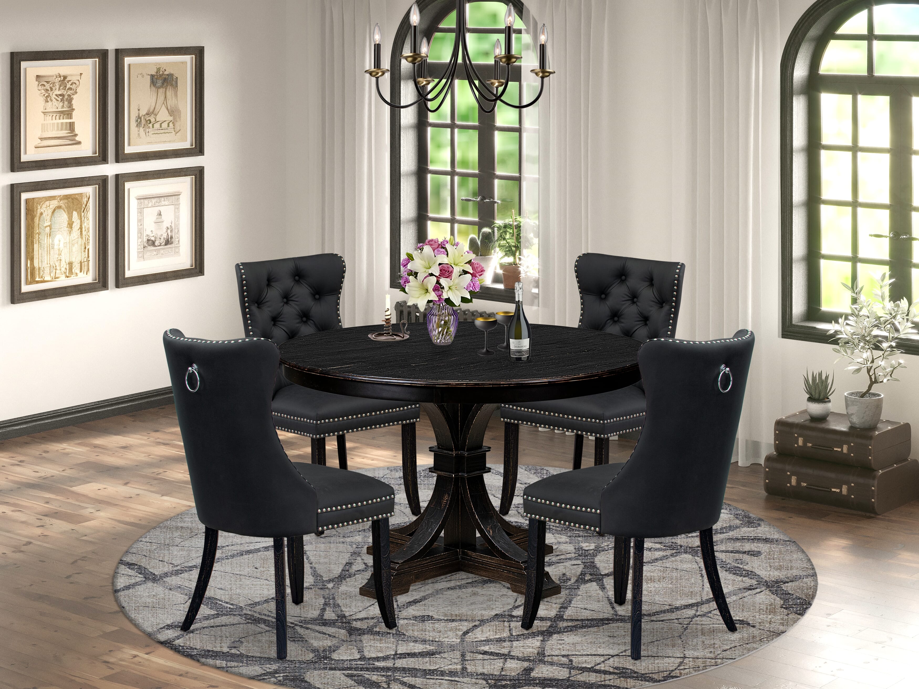 Luxe by East West Furniture F7DA5-411-12 5-Piece Dining Room Set with Faux Leather 4 Dark Gray upholstered dining chairs, Button-Tufted Backs, and a 48"Round Breakfast Table in Sand Blasted Black Finish.