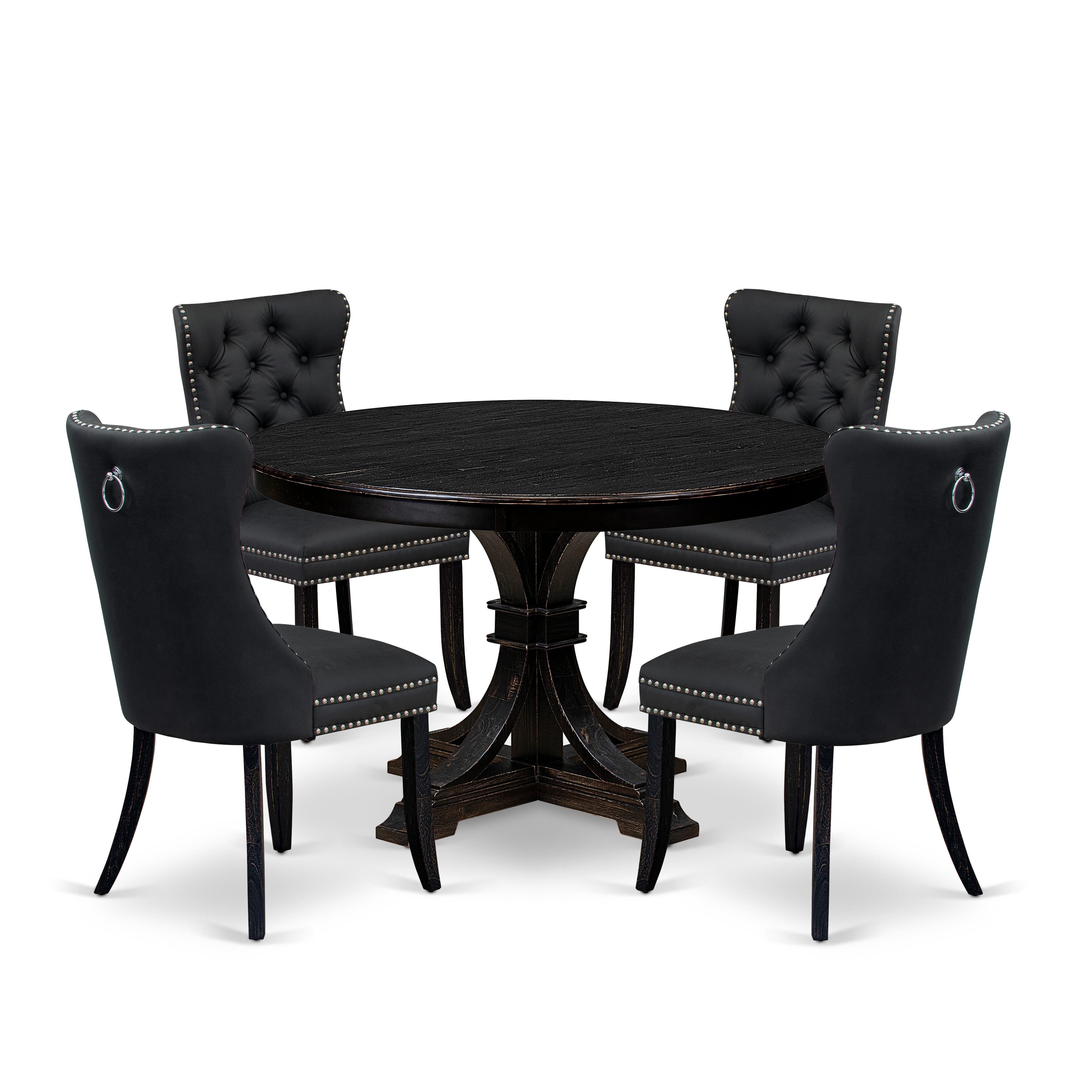 Luxe by East West Furniture F7DA5-411-12 5-Piece Dining Room Set with Faux Leather 4 Dark Gray upholstered dining chairs, Button-Tufted Backs, and a 48"Round Breakfast Table in Sand Blasted Black Finish.